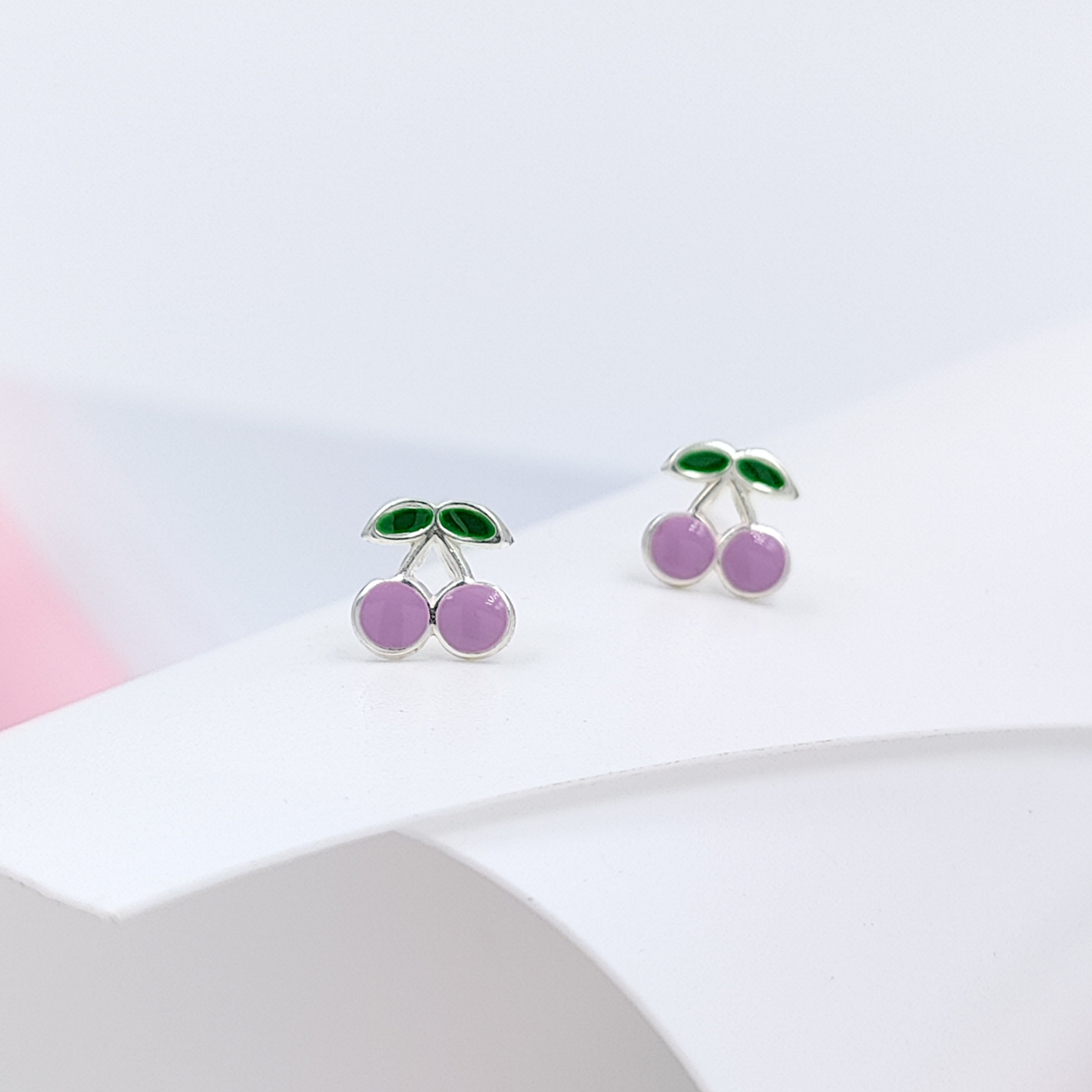 925 Sterling Silver Cute Cherry Ear Studs Tiny Earrings Fruit Enamel Ear Studs Earrings Handmade Gift For Women