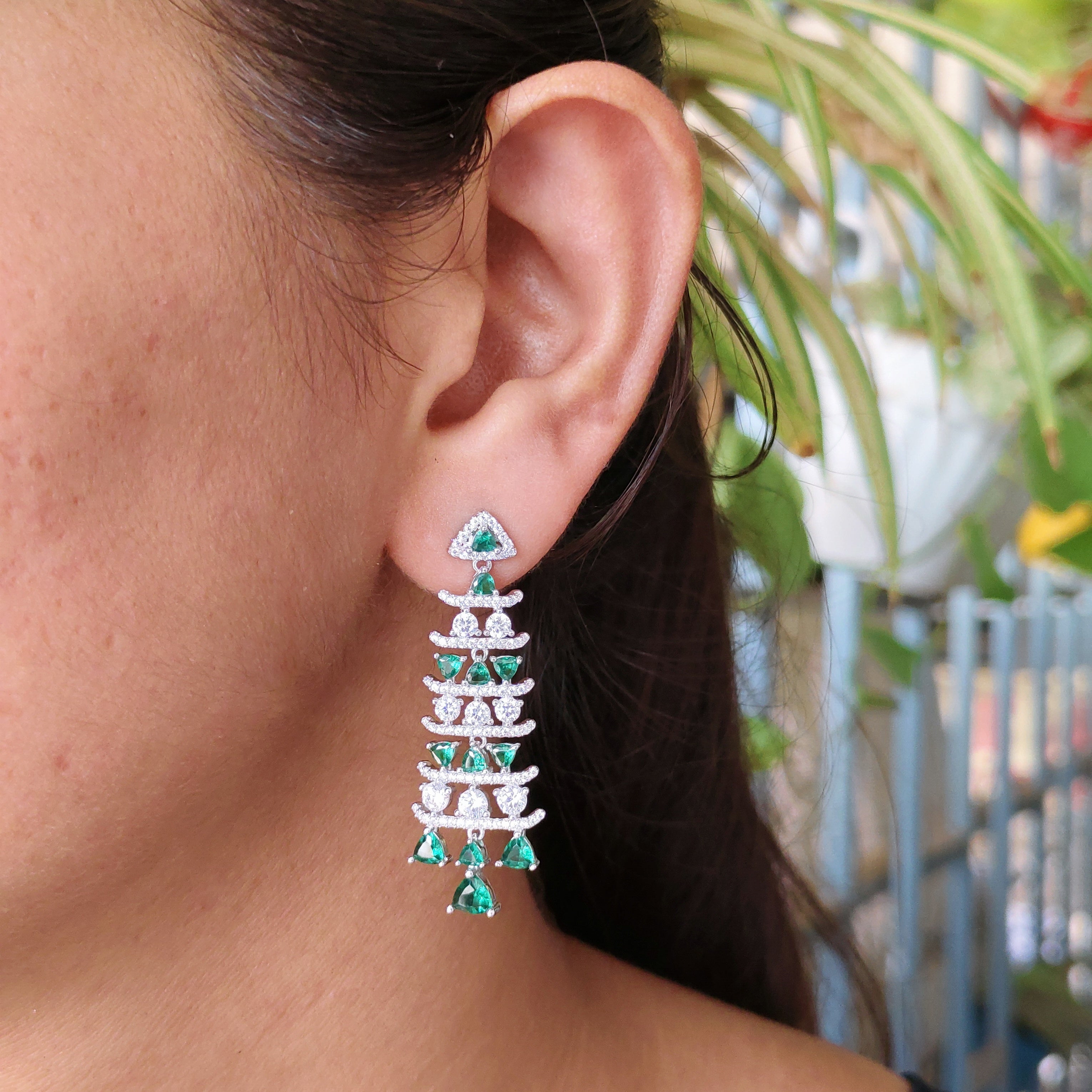 Green Chandelier 925 Sterling Silver Cubic Zirconia Green Embellished Dangler Drop Pattern Earrings Minimalist Handmade Gift