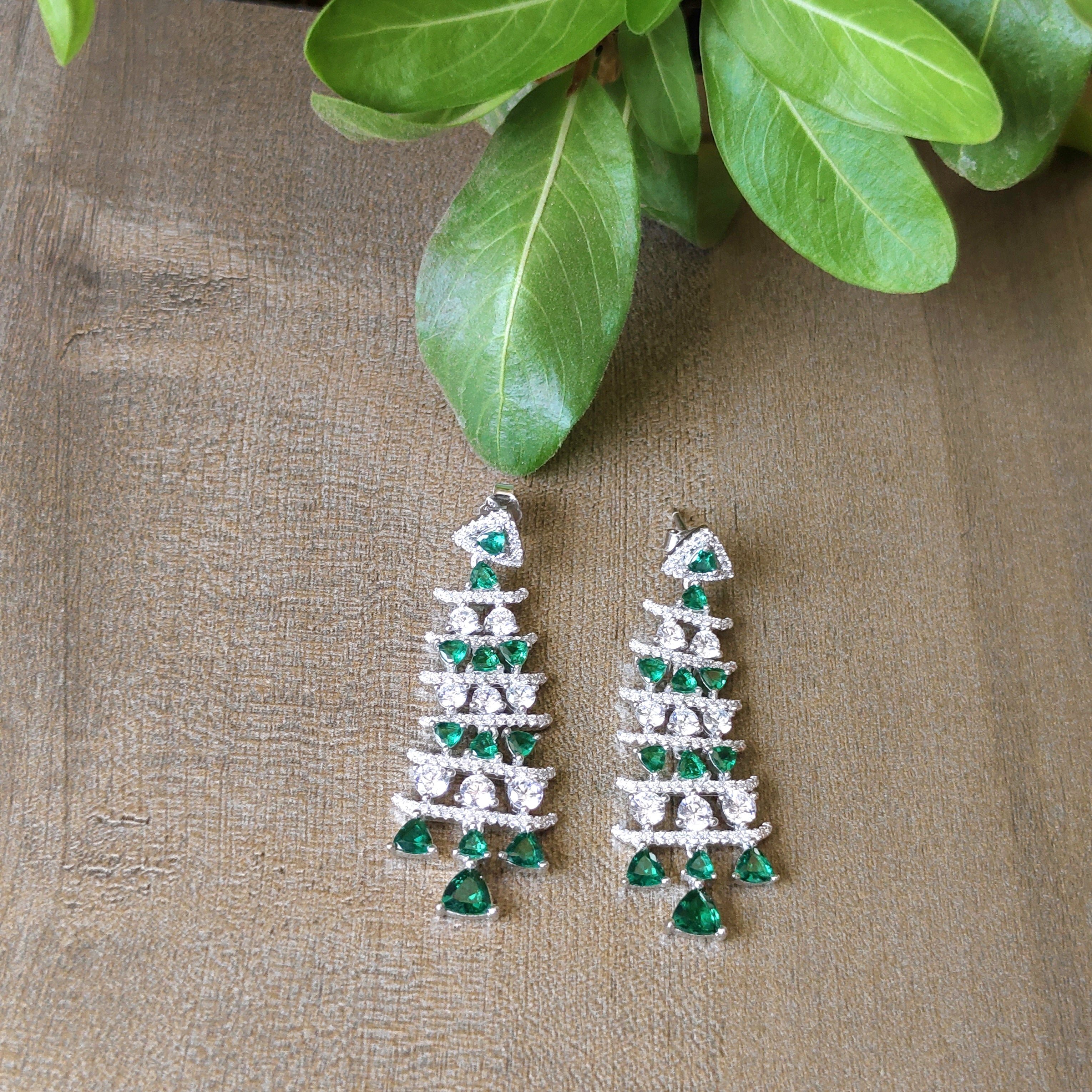 Green Chandelier 925 Sterling Silver Cubic Zirconia Green Embellished Dangler Drop Pattern Earrings Minimalist Handmade Gift