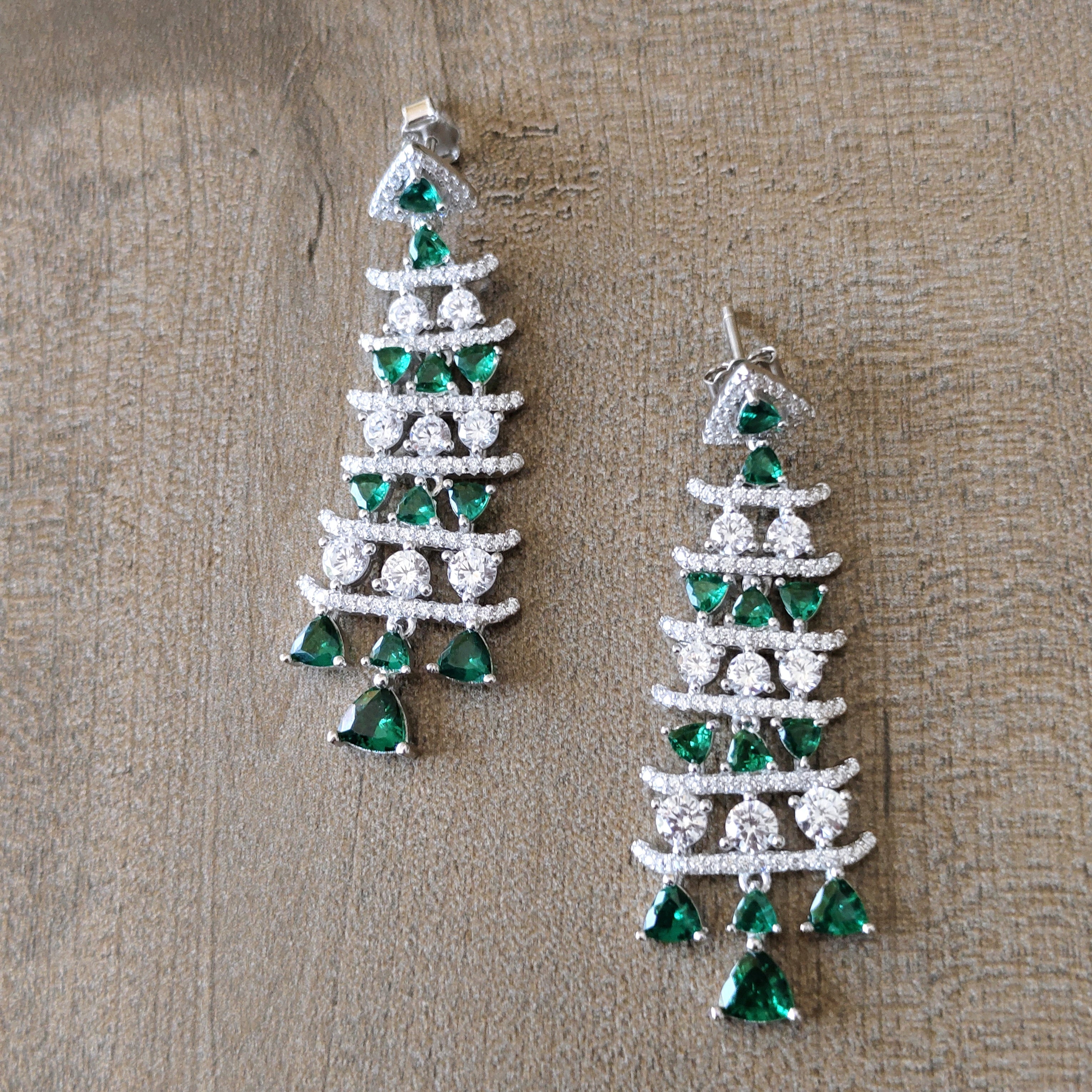 Green Chandelier 925 Sterling Silver Cubic Zirconia Green Embellished Dangler Drop Pattern Earrings Minimalist Handmade Gift