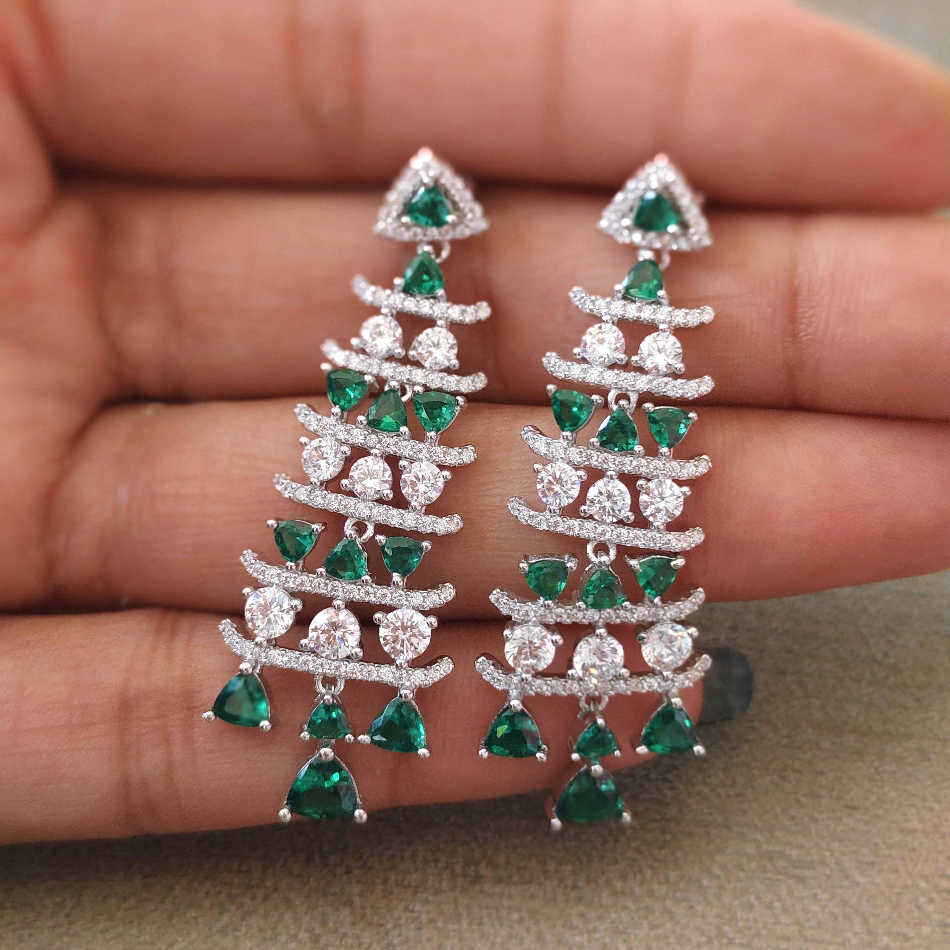 Green Chandelier 925 Sterling Silver Cubic Zirconia Green Embellished Dangler Drop Pattern Earrings Minimalist Handmade Gift
