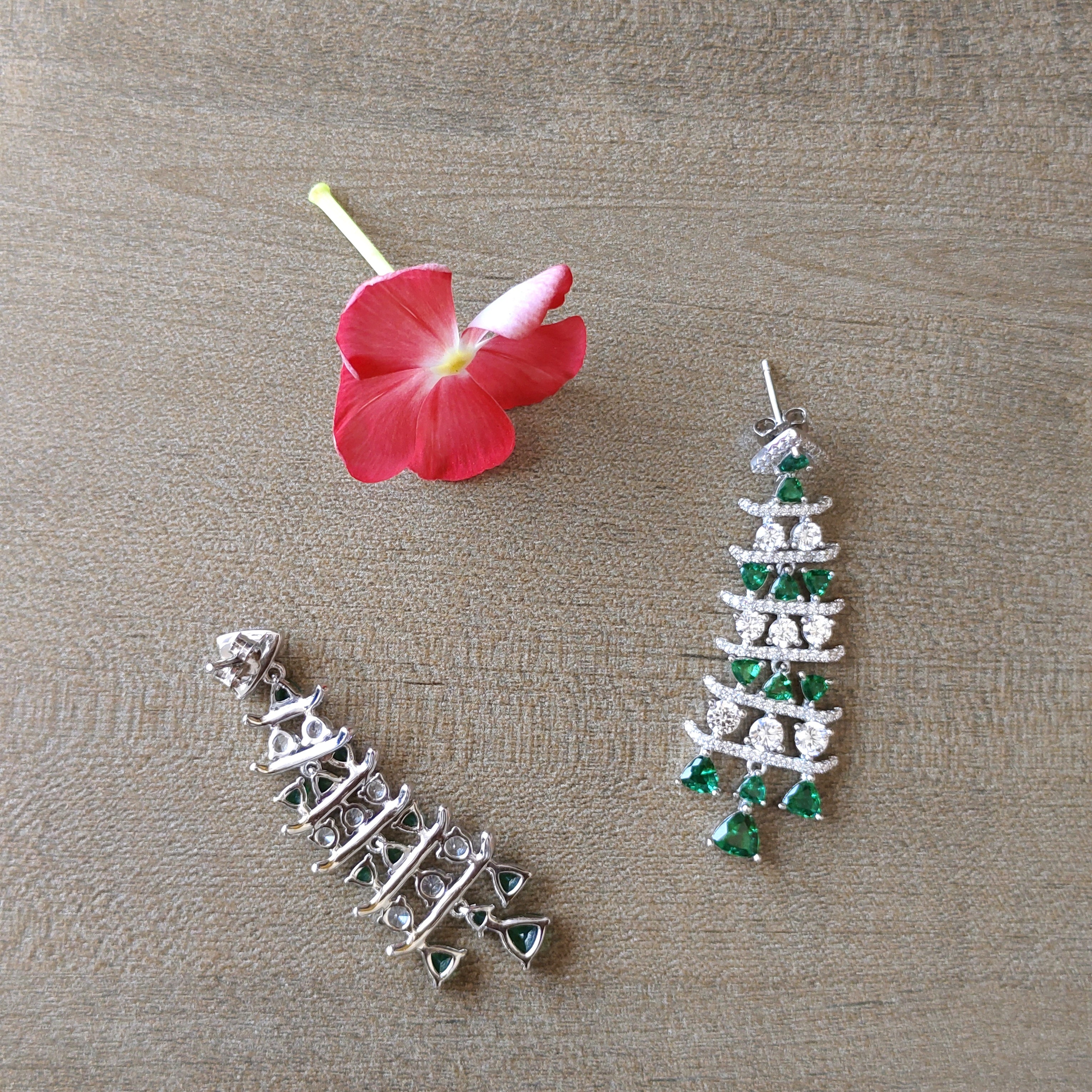 Green Chandelier 925 Sterling Silver Cubic Zirconia Green Embellished Dangler Drop Pattern Earrings Minimalist Handmade Gift