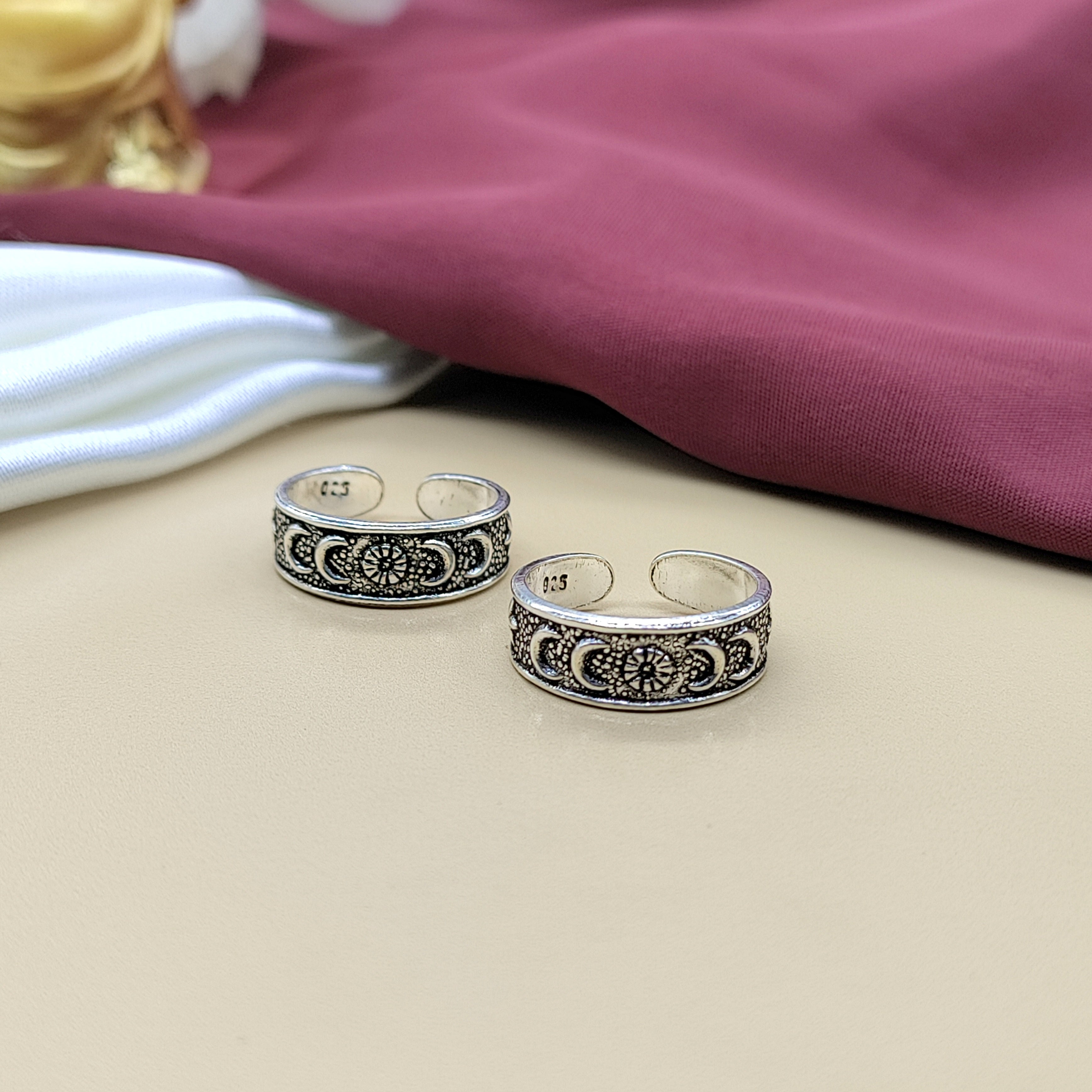 925 Silver Star and Moon Design Toe Ring Set Oxidised Adjustable Toe Ring for Women