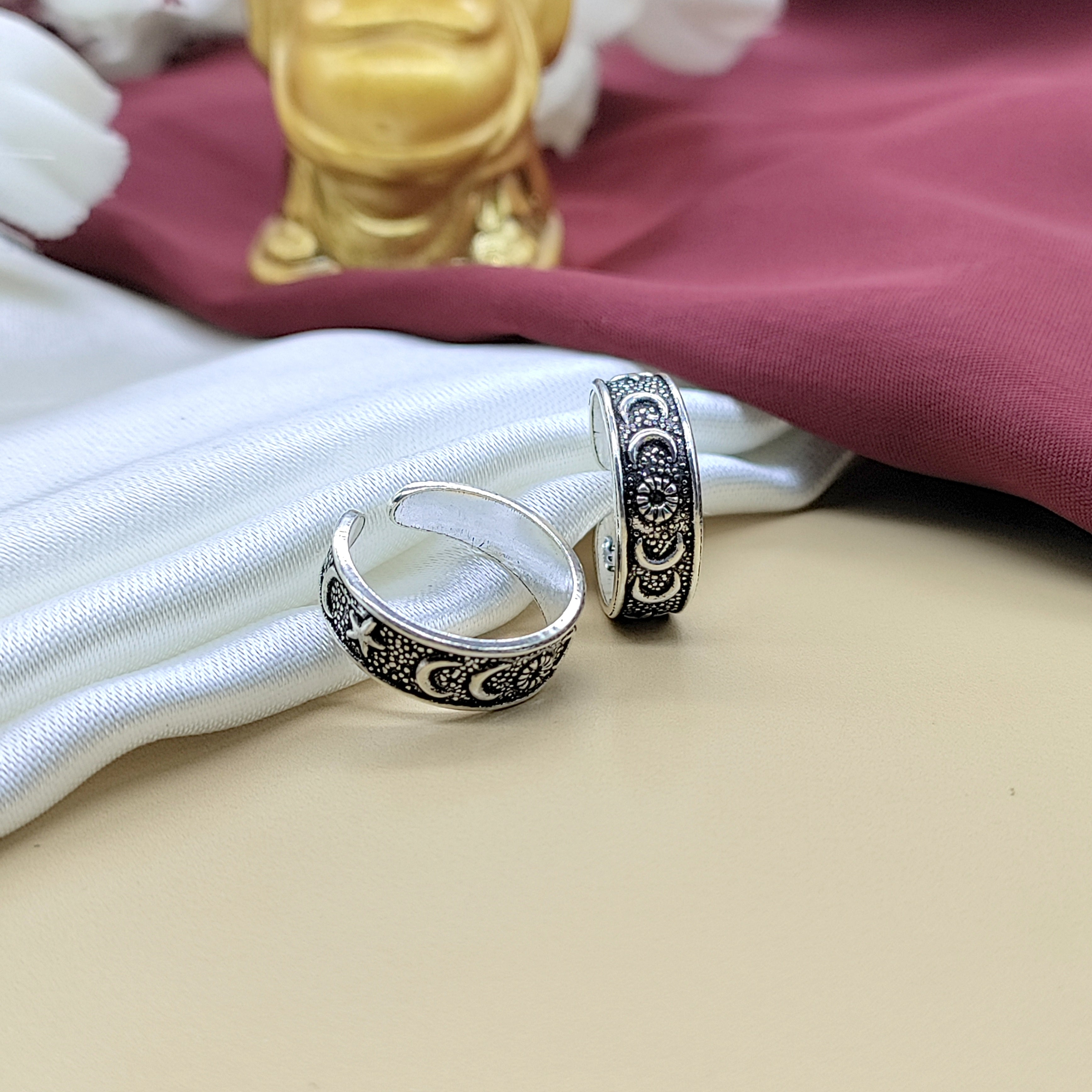 925 Silver Star and Moon Design Toe Ring Set Oxidised Adjustable Toe Ring for Women