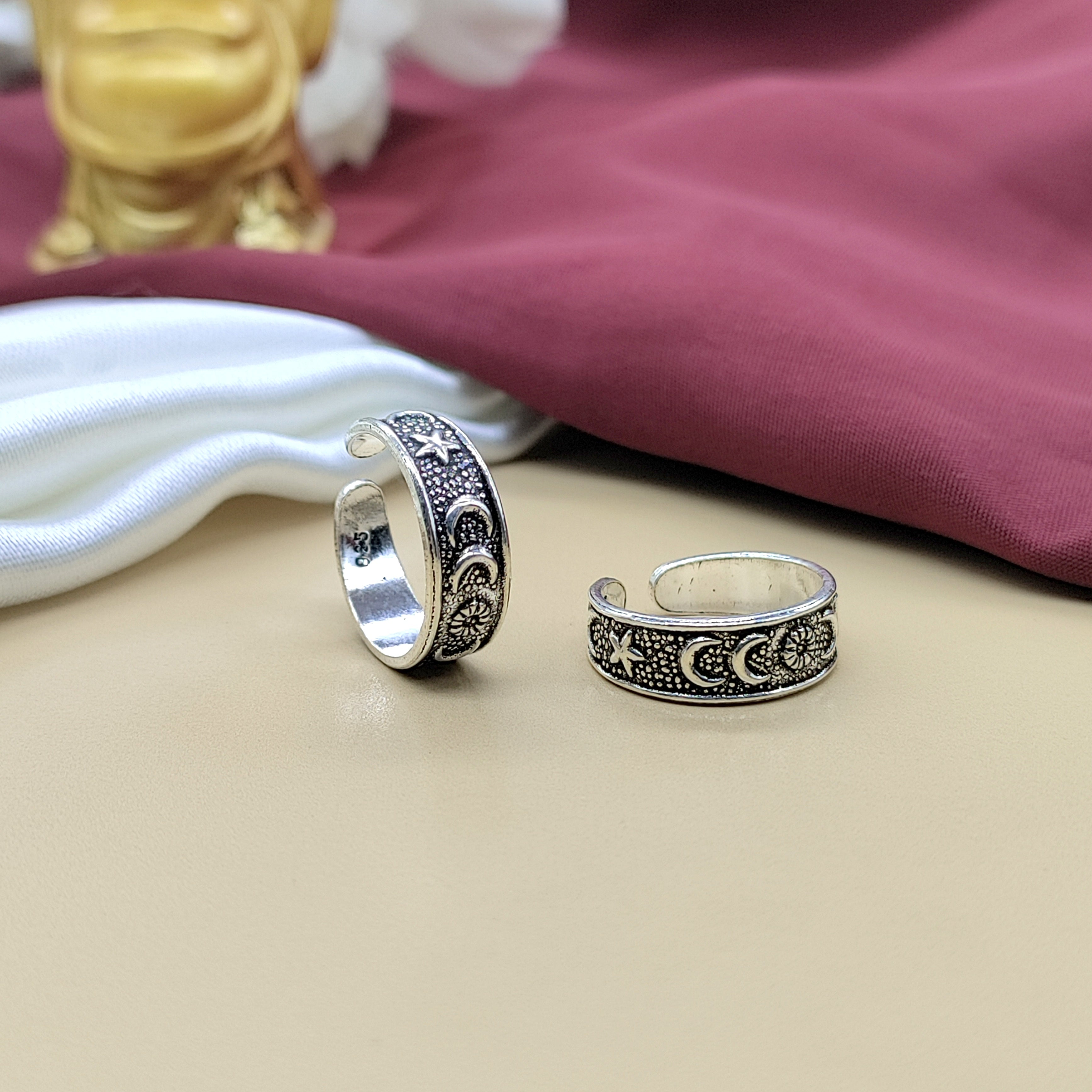 925 Silver Star and Moon Design Toe Ring Set Oxidised Adjustable Toe Ring for Women
