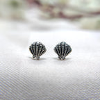 Pearl Shell Stud Earrings Dainty Sea Scallop Studs Cornish Shell Earrings Nautical Earring Handmade Studs with Pushback 925 Sterling Silver