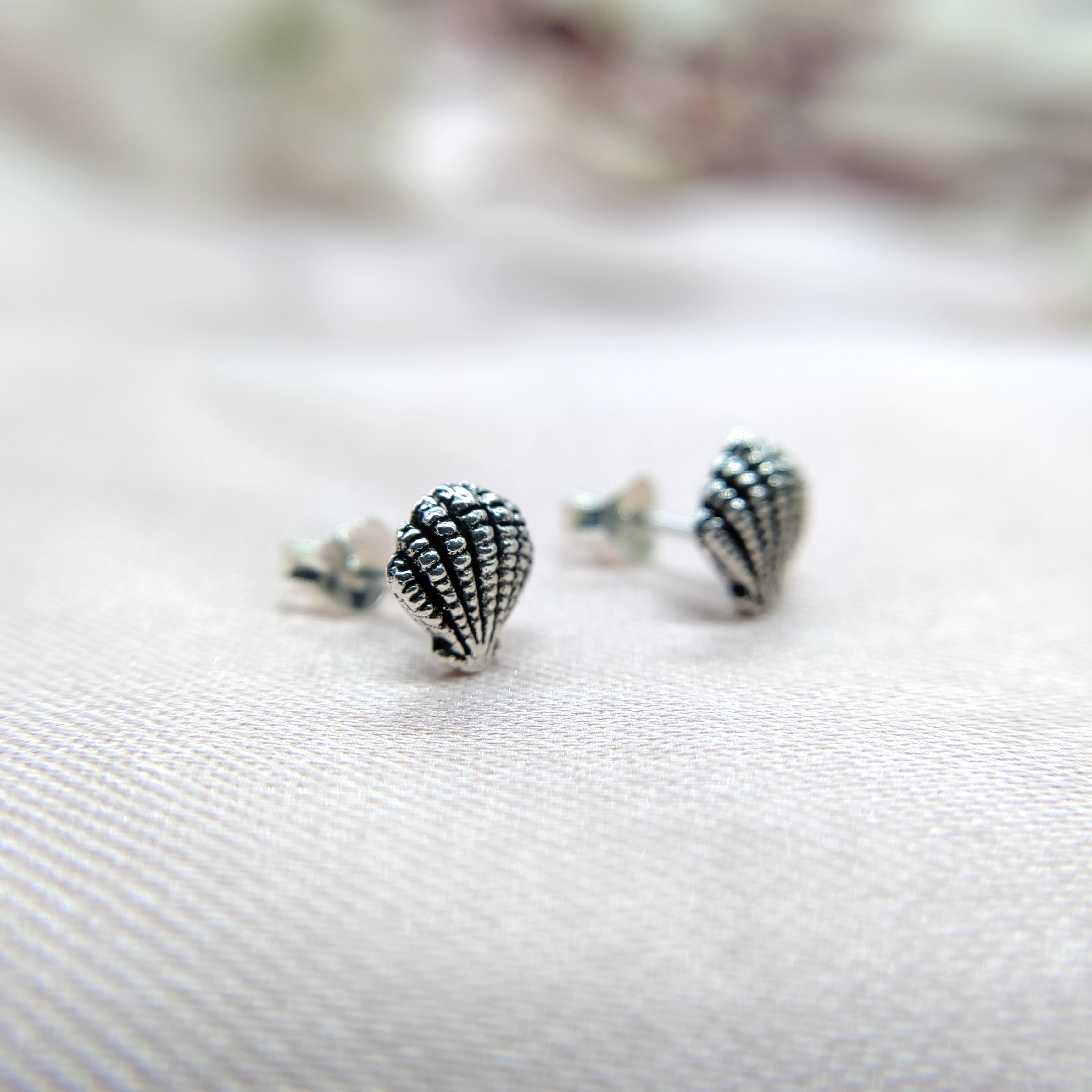Pearl Shell Stud Earrings Dainty Sea Scallop Studs Cornish Shell Earrings Nautical Earring Handmade Studs with Pushback 925 Sterling Silver