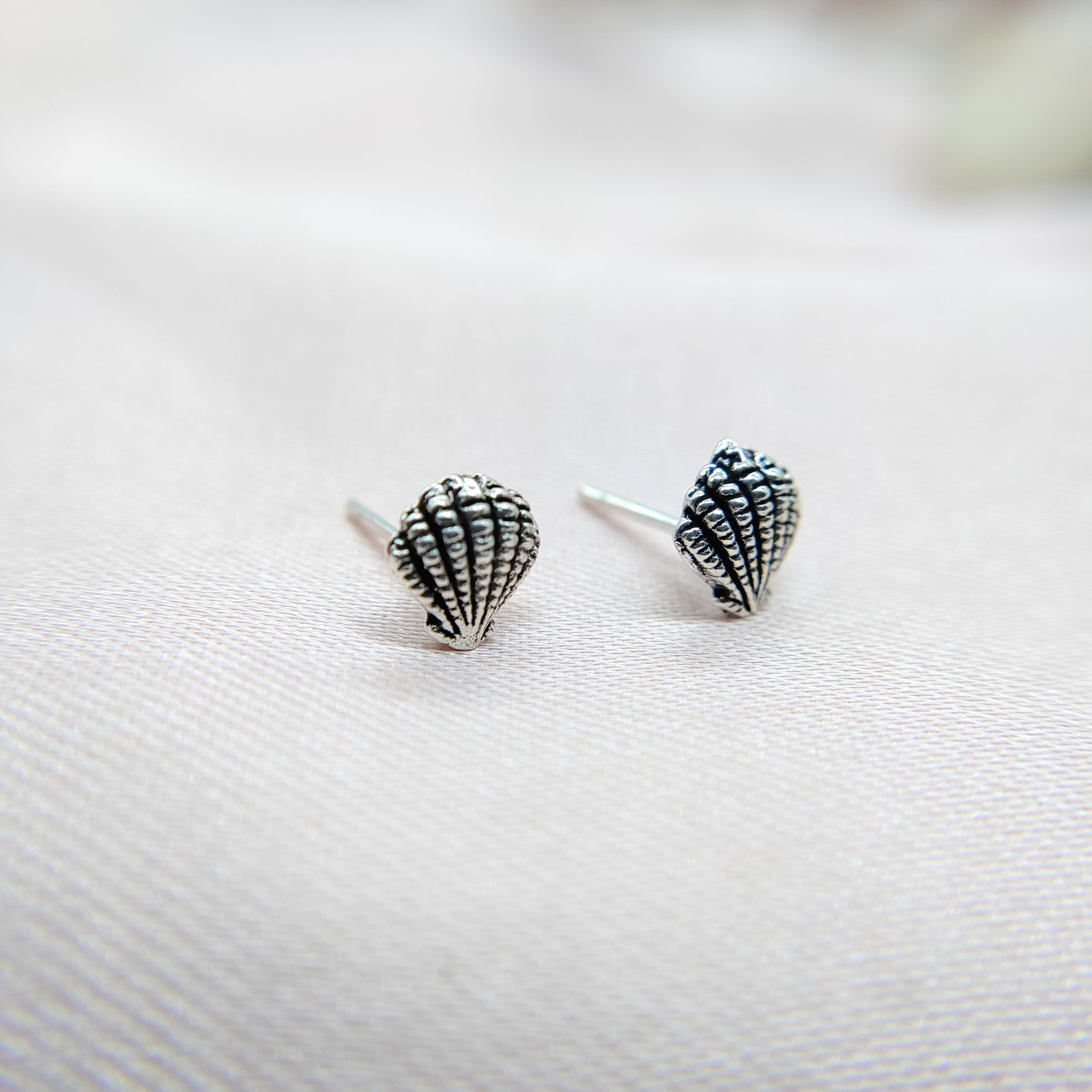 Pearl Shell Stud Earrings Dainty Sea Scallop Studs Cornish Shell Earrings Nautical Earring Handmade Studs with Pushback 925 Sterling Silver