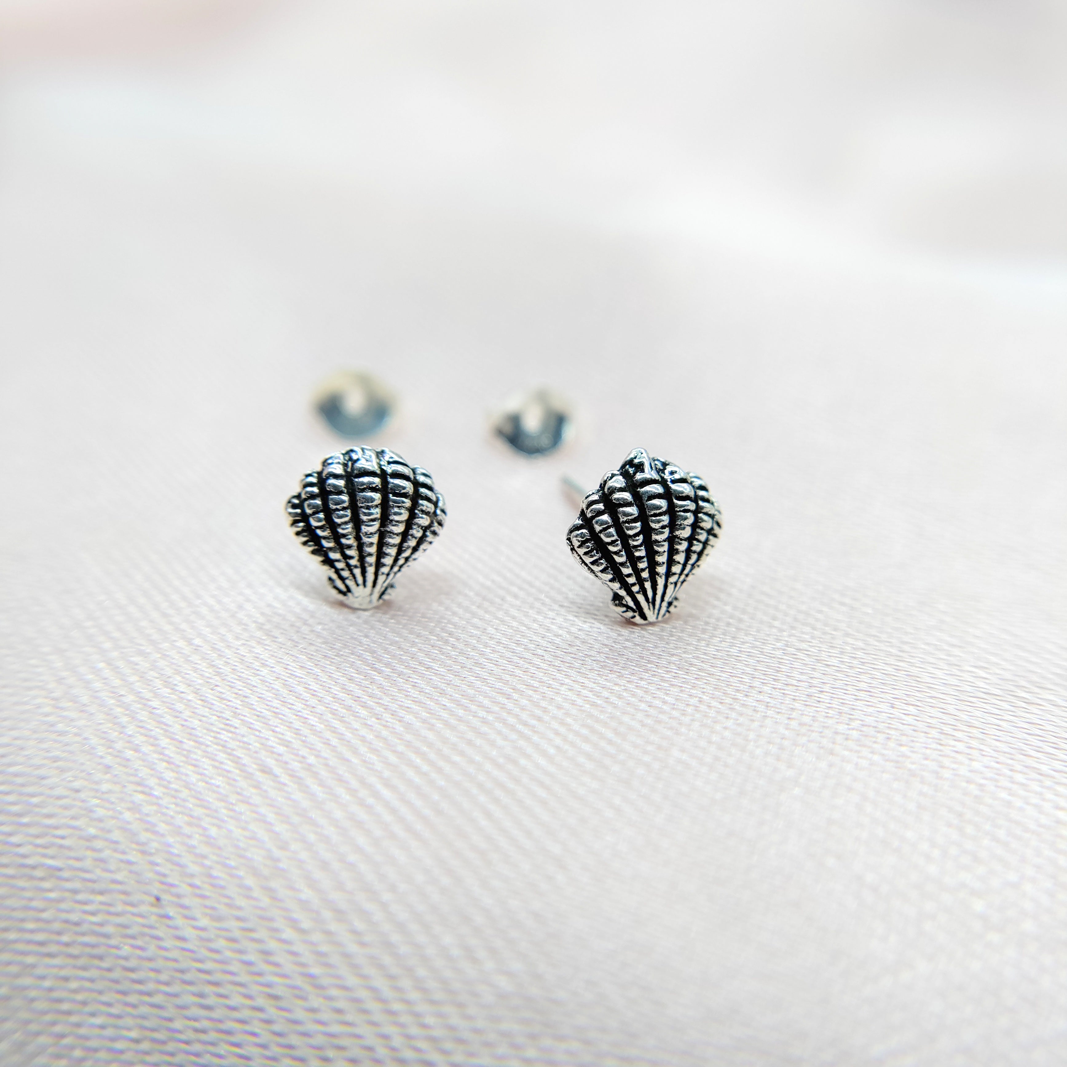 Pearl Shell Stud Earrings Dainty Sea Scallop Studs Cornish Shell Earrings Nautical Earring Handmade Studs with Pushback 925 Sterling Silver