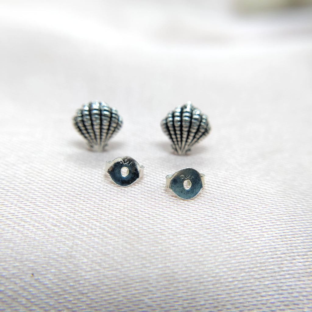 Pearl Shell Stud Earrings Dainty Sea Scallop Studs Cornish Shell Earrings Nautical Earring Handmade Studs with Pushback 925 Sterling Silver
