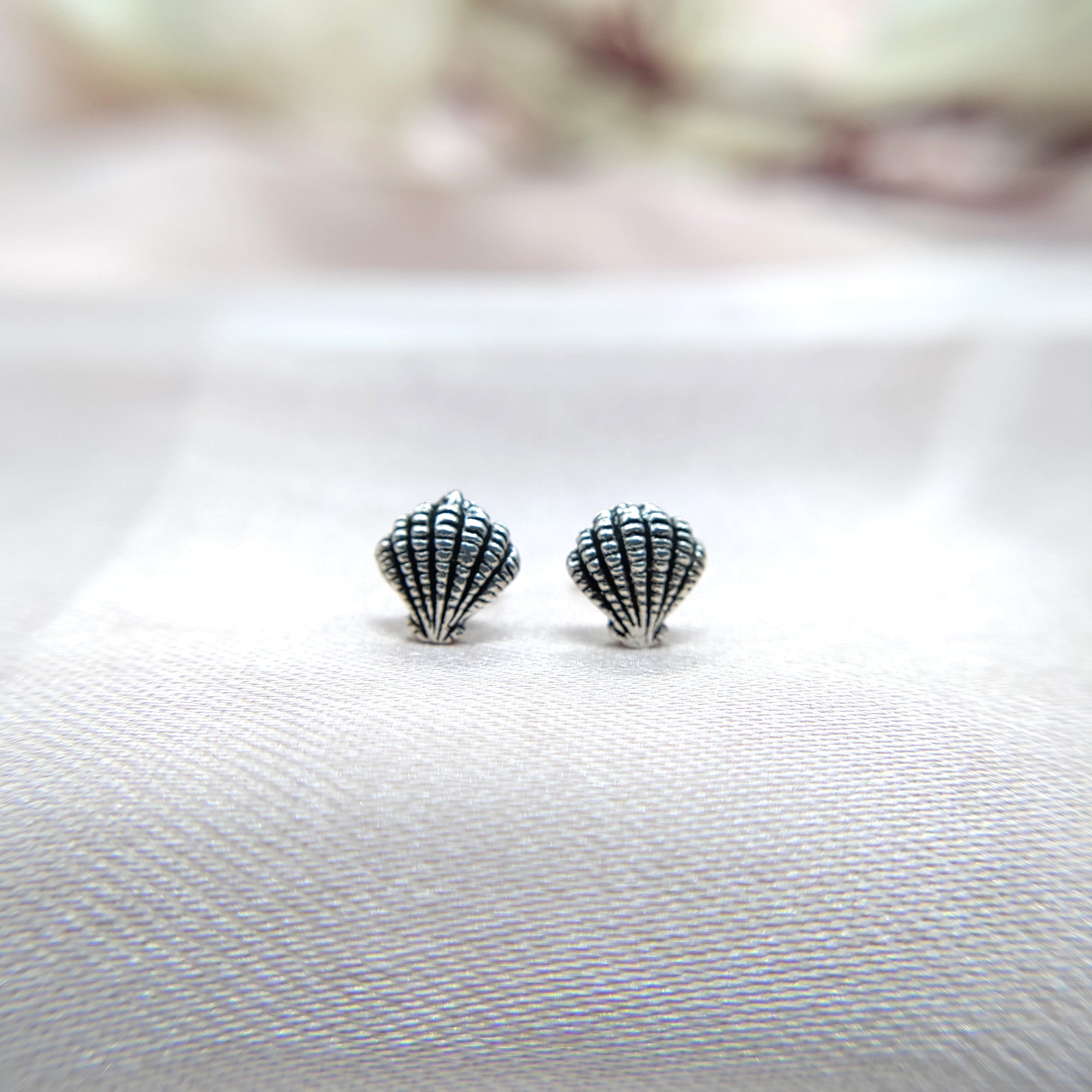 Pearl Shell Stud Earrings Dainty Sea Scallop Studs Cornish Shell Earrings Nautical Earring Handmade Studs with Pushback 925 Sterling Silver