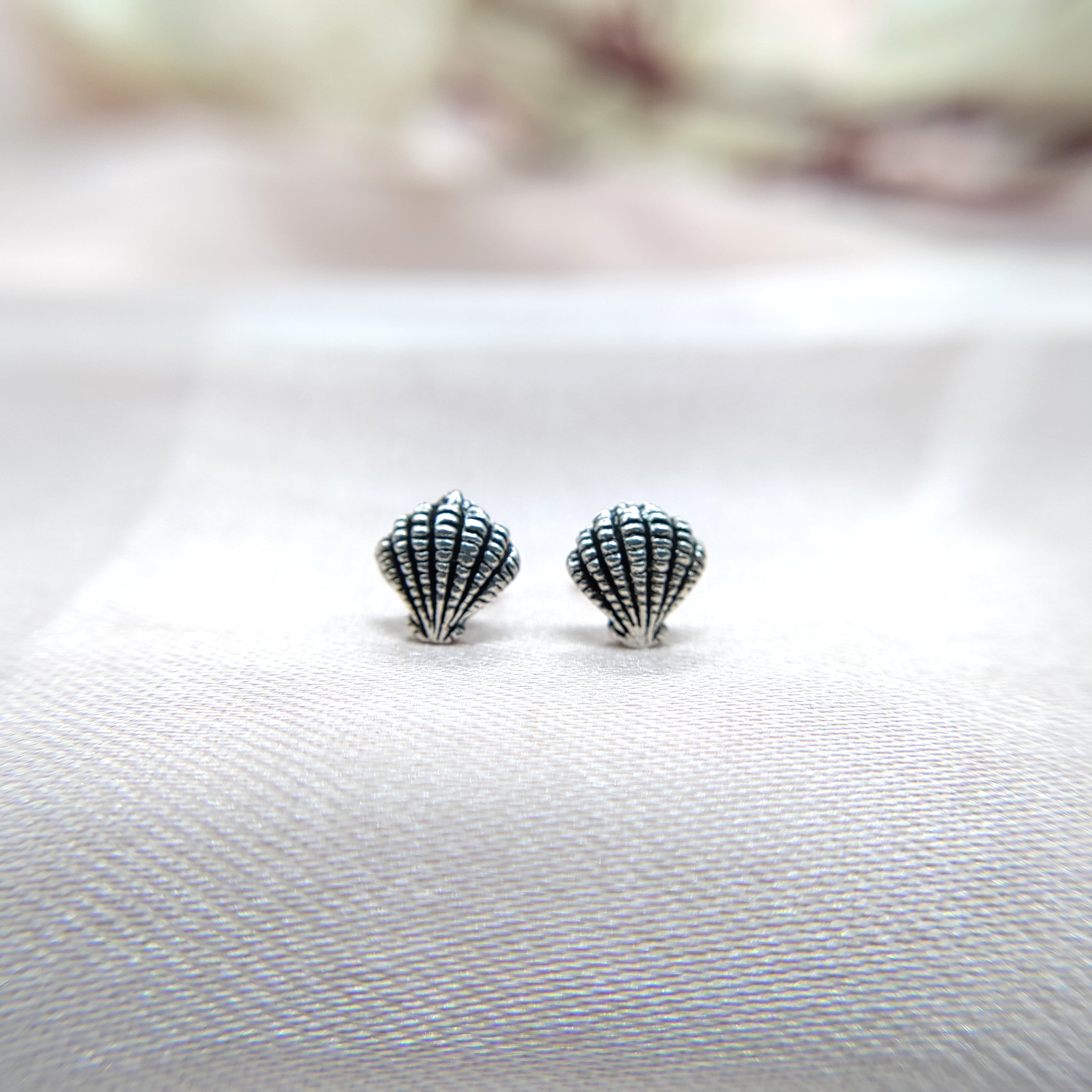 Pearl Shell Stud Earrings Dainty Sea Scallop Studs  925 Sterling Silver