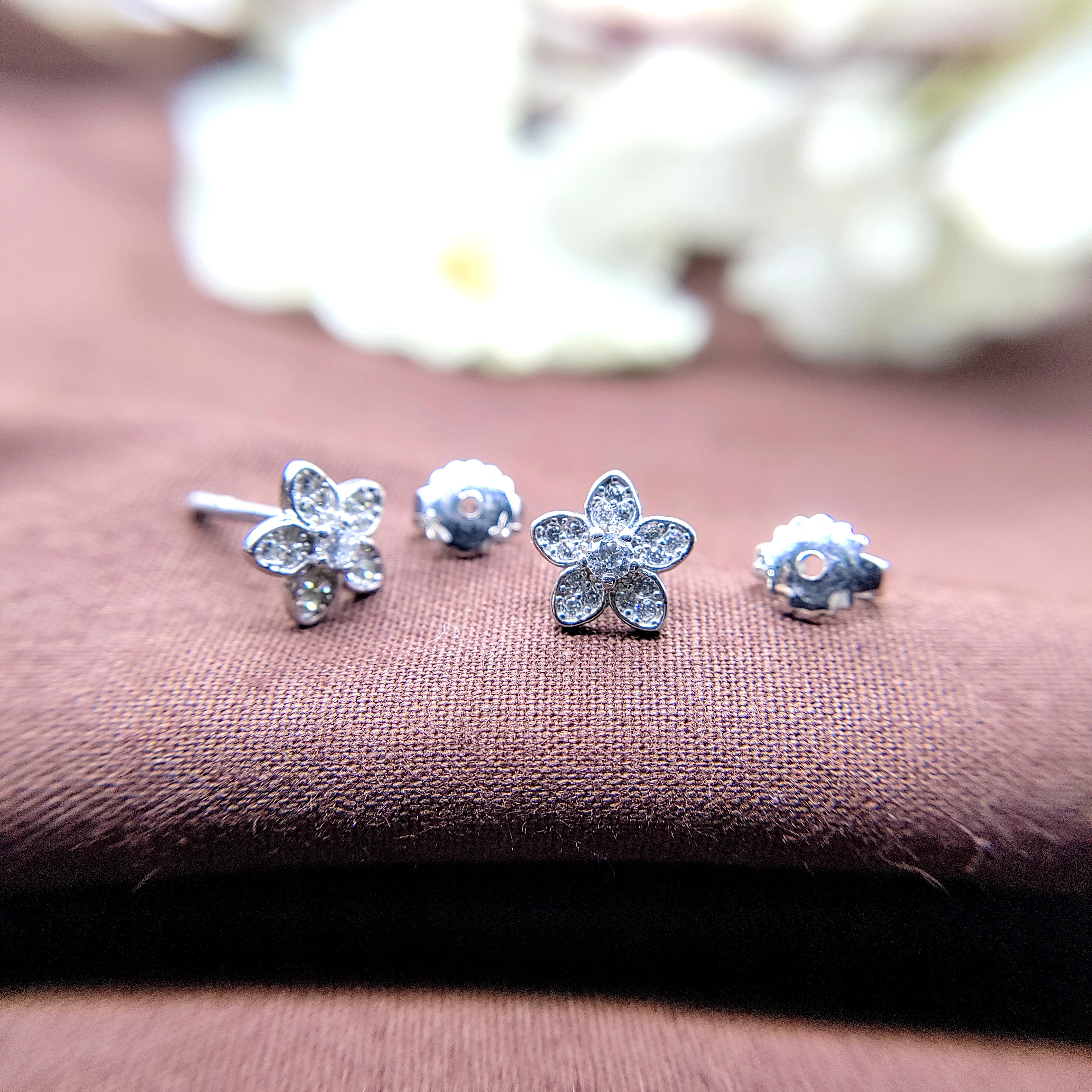 Sterling Silver 925 Cute CZ Flower Stud Earrings CZ Diamond Floral Sparkle Studs Minimalist Handmade Stud with Push back