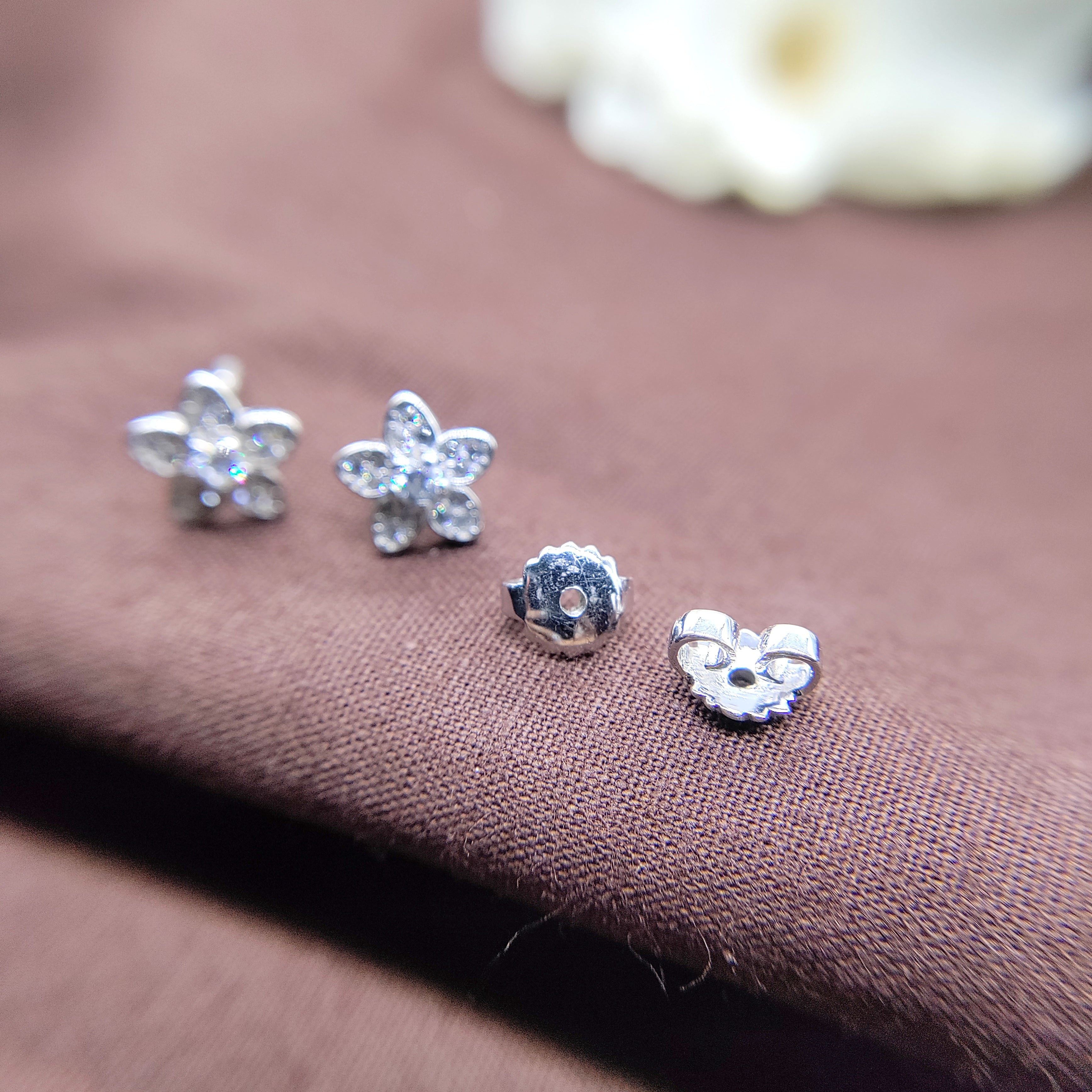 Sterling Silver 925 Cute CZ Flower Stud Earrings CZ Diamond Floral Sparkle Studs Minimalist Handmade Stud with Push back