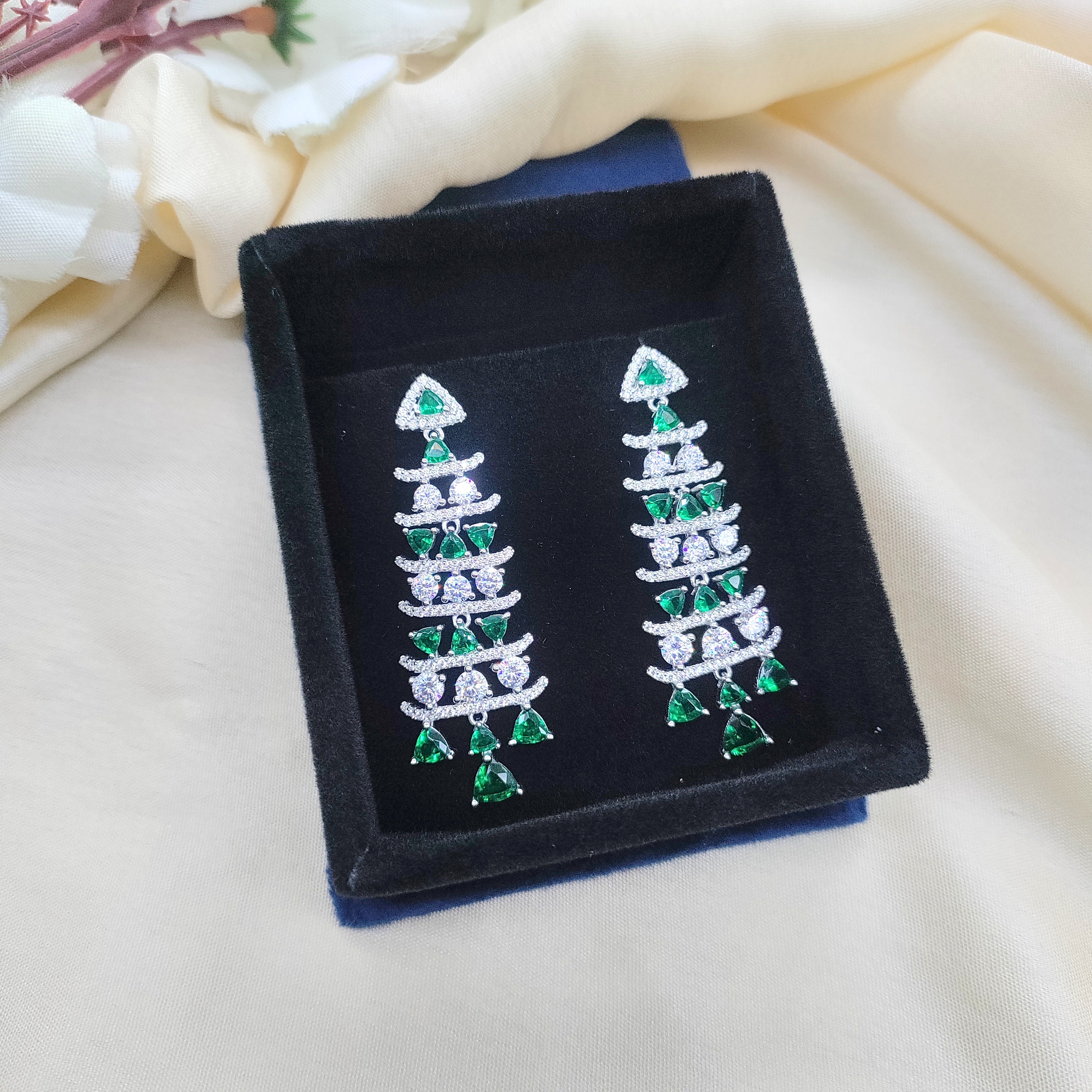 Green Chandelier 925 Sterling Silver Cubic Zirconia Green Embellished Dangler Drop Pattern Earrings Minimalist Handmade Gift