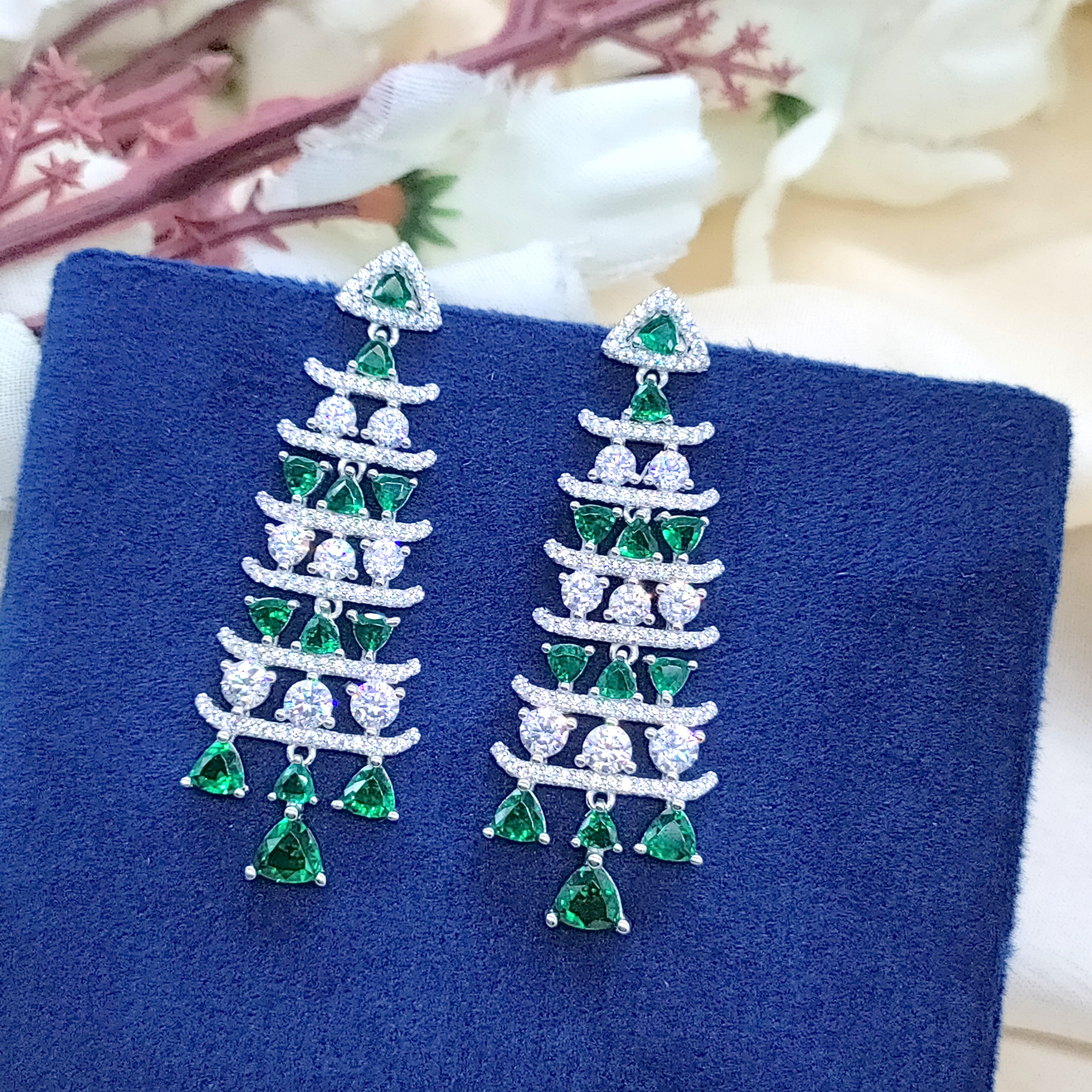 Green Chandelier 925 Sterling Silver Cubic Zirconia Green Embellished Dangler Drop Pattern Earrings Minimalist Handmade Gift