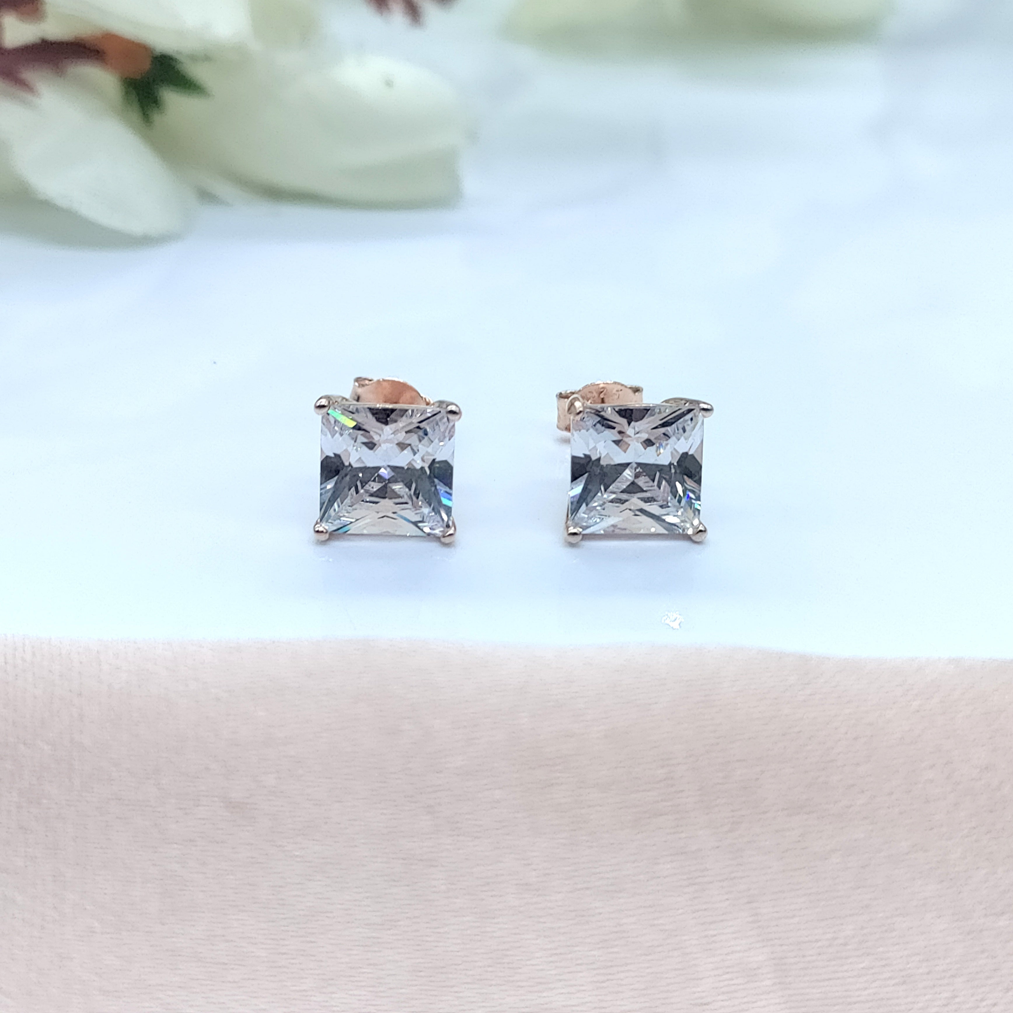 Princess Cut CZ Stud Earrings Square Diamonds Earrings 925 Silver Rose Gold Plated Earring Minimalist Handmade Gift