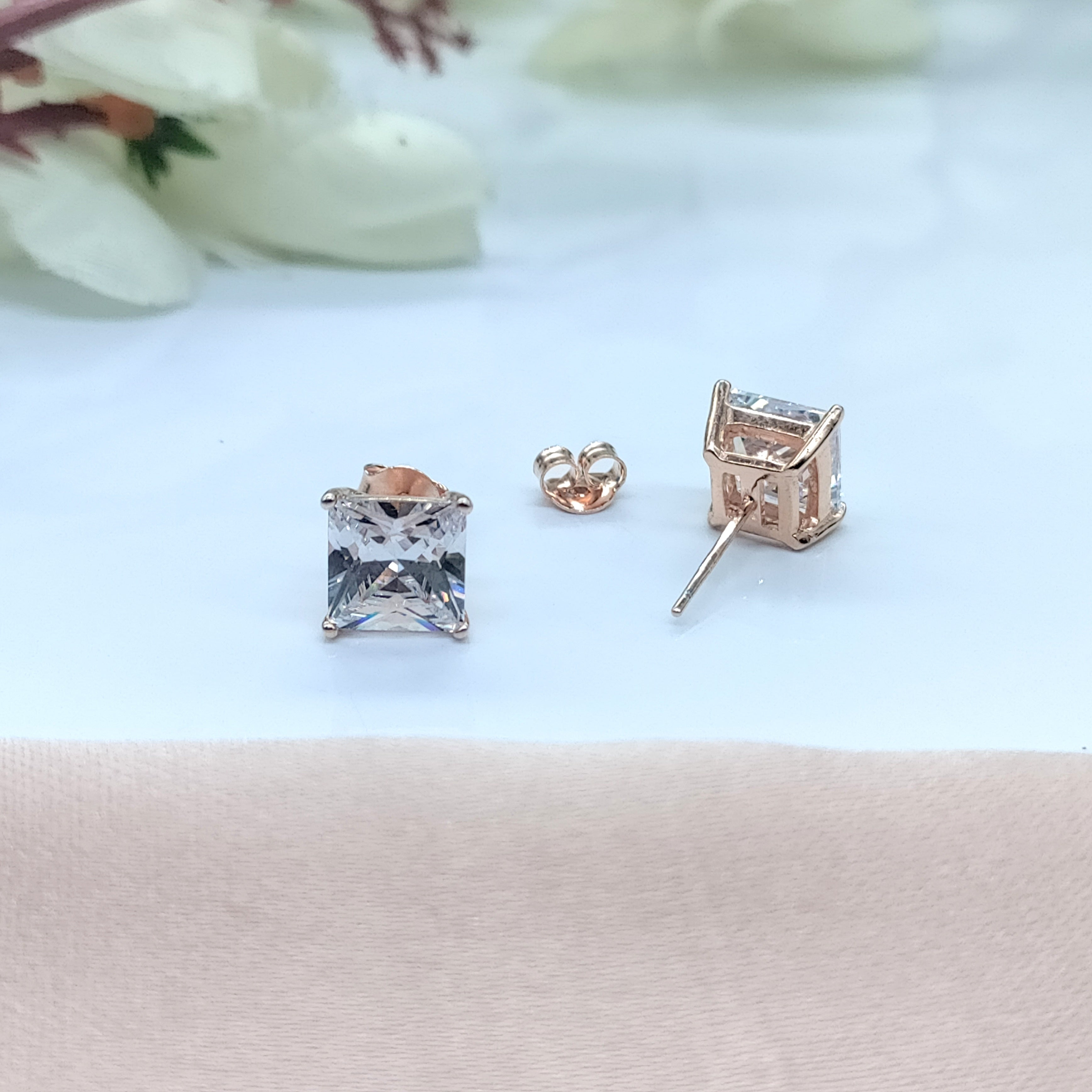 Princess Cut CZ Stud Earrings Square Diamonds Earrings 925 Silver Rose Gold Plated Earring Minimalist Handmade Gift
