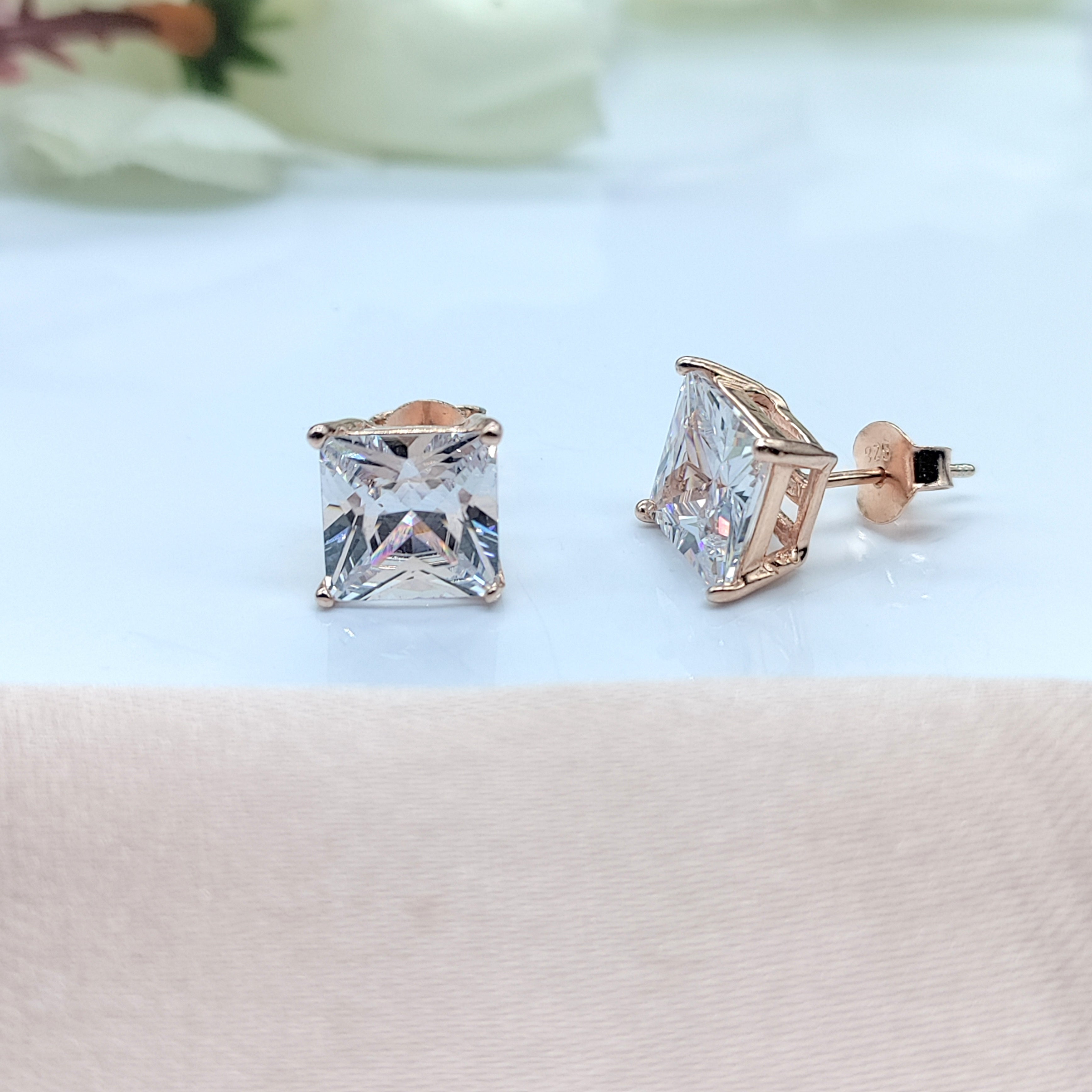 Princess Cut CZ Stud Earrings Square Diamonds Earrings 925 Silver Rose Gold Plated Earring Minimalist Handmade Gift