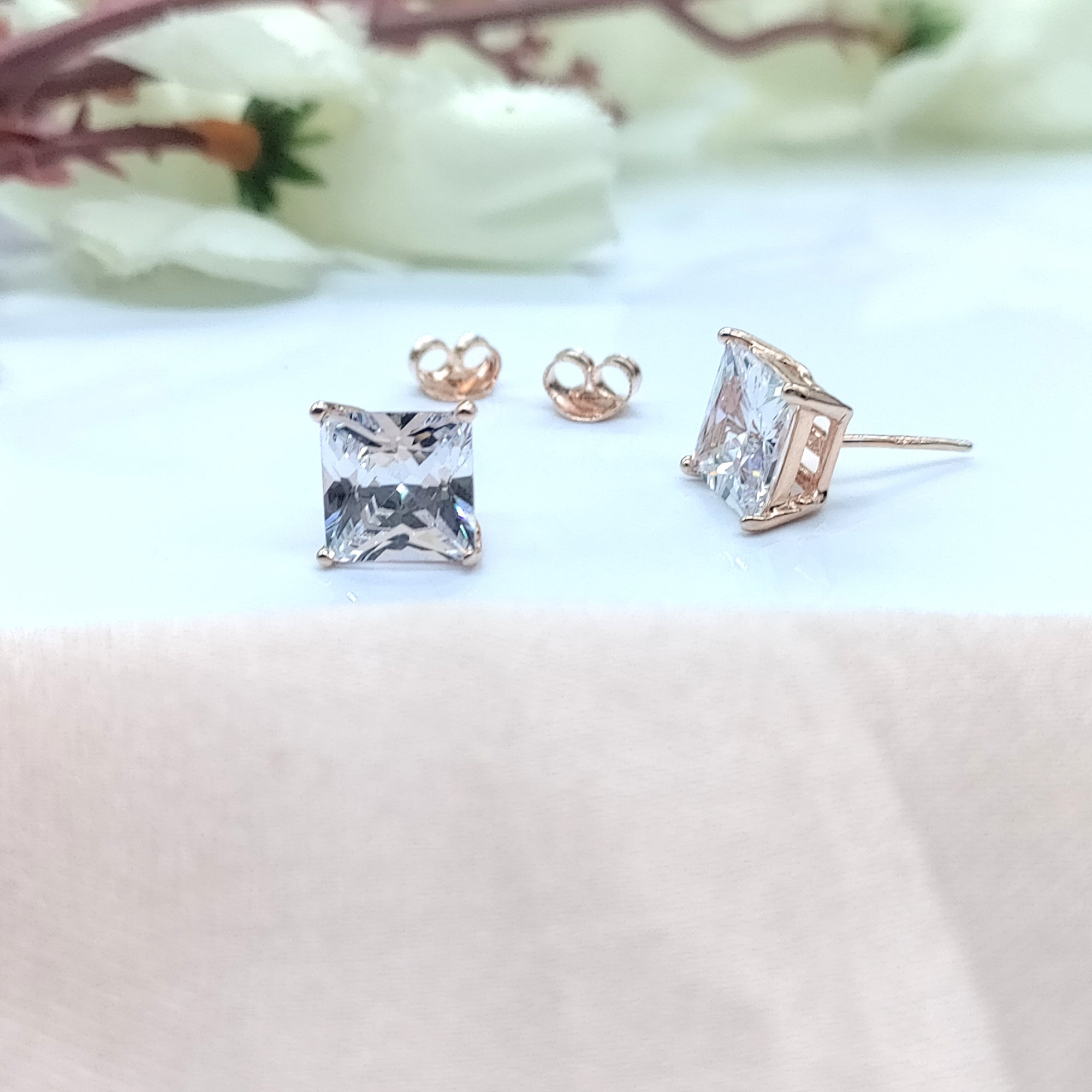 Princess Cut CZ Stud Earrings Square Diamonds Earrings 925 Silver Rose Gold Plated Earring Minimalist Handmade Gift