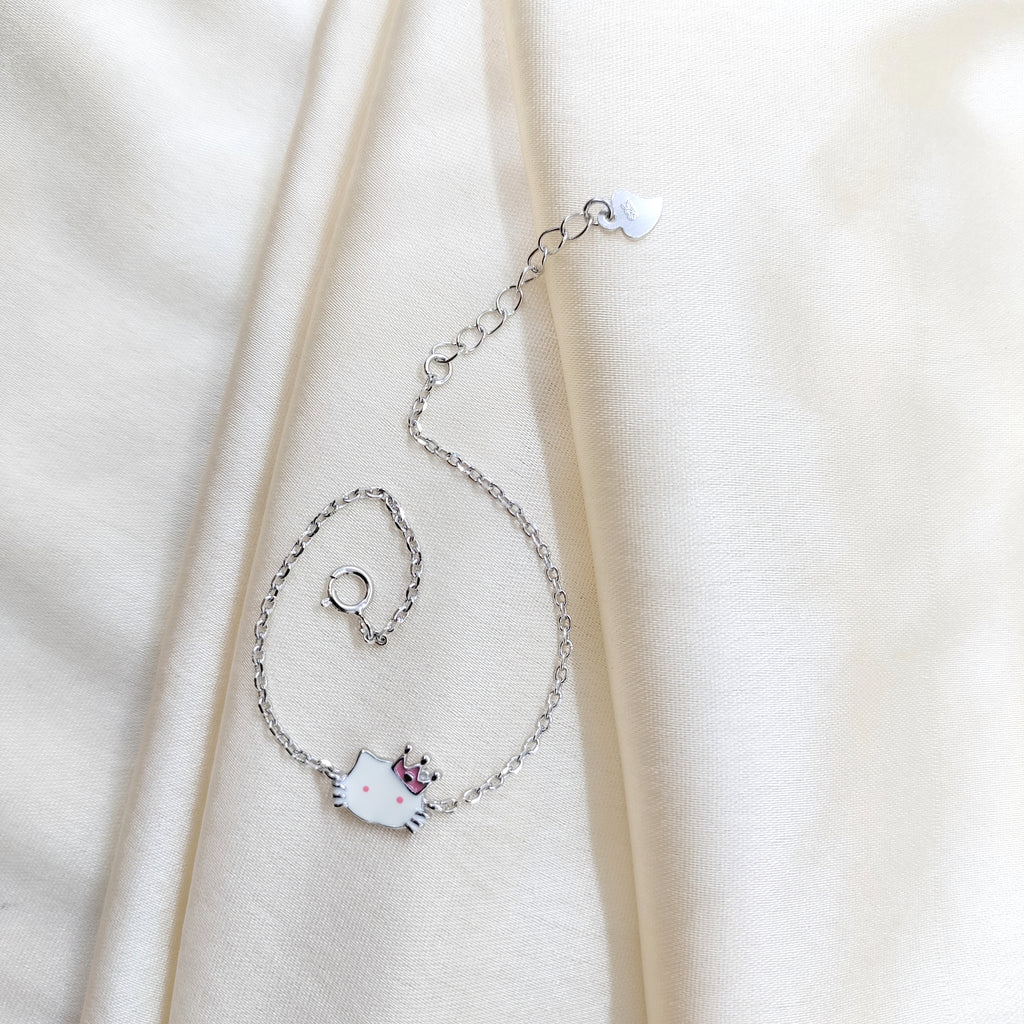 925 Sterling Silver Handmade Mini Kitty Tennis Bracelet Minimalist Gift for Daughter Cartoon Art Hand Accessories