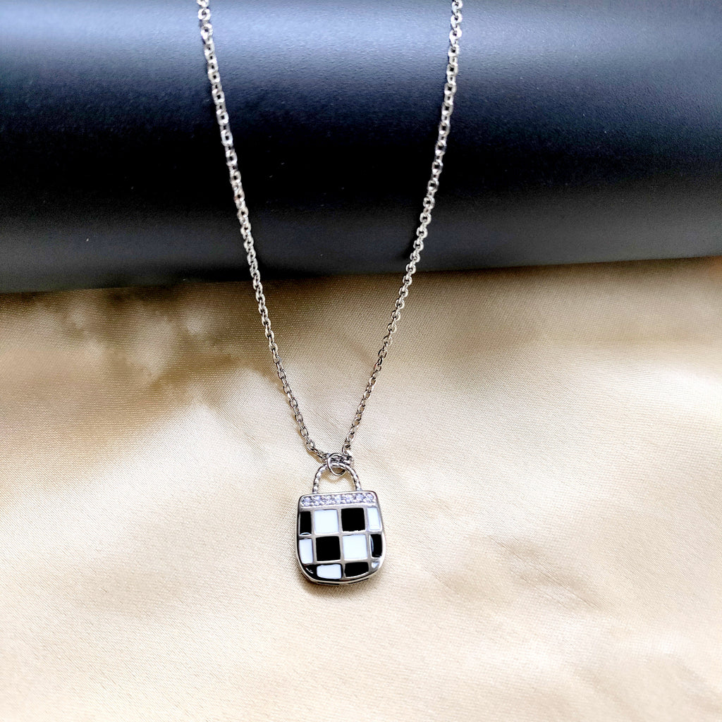 925 Sterling Silver Enameled Lock Design With CZ Outline Necklace Gift Black&White Checks