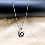 925 Sterling Silver Enameled Lock Design With CZ Outline Necklace Gift Black&White Checks