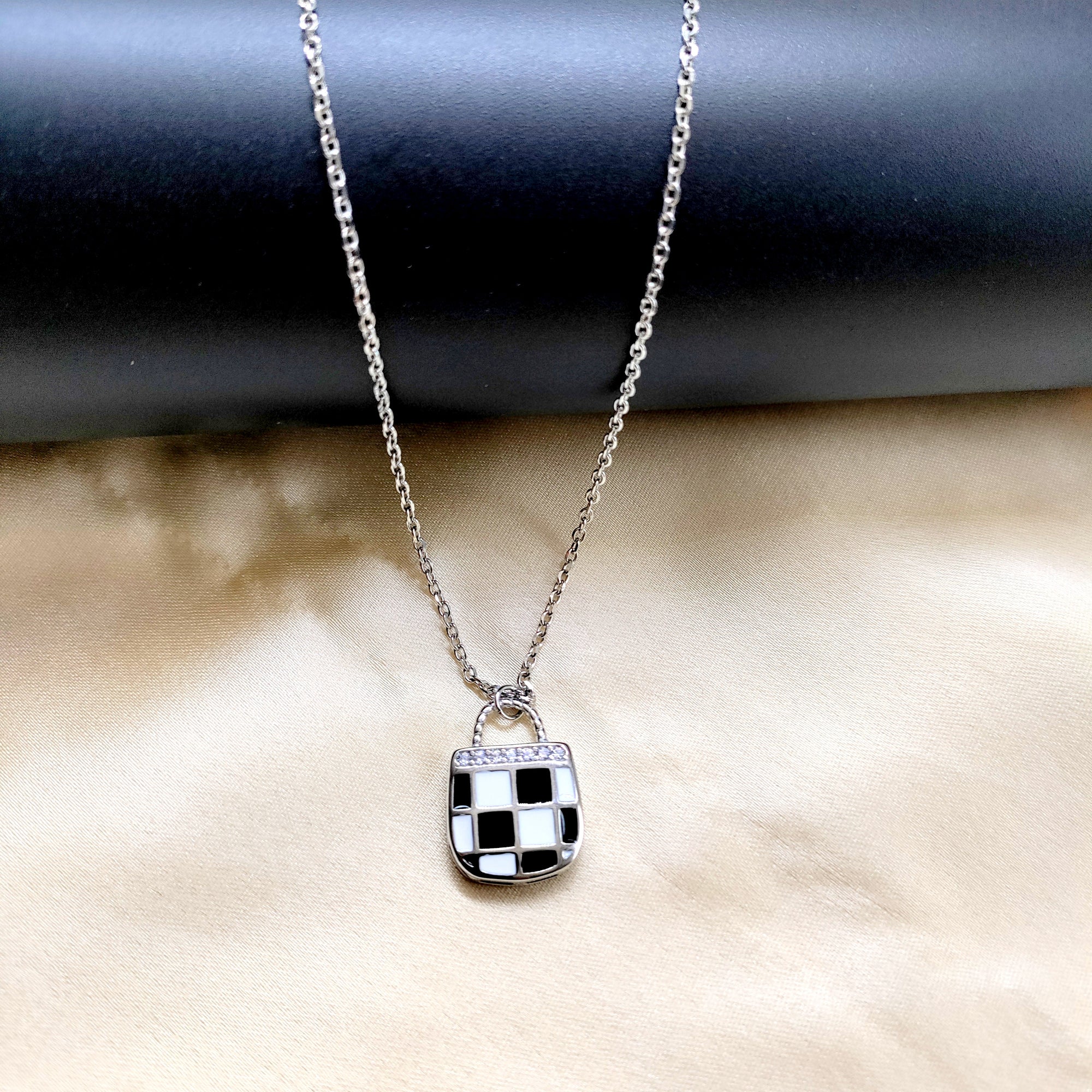 925 Sterling Silver Enameled Lock Design With CZ Outline Necklace Gift Black&White Checks