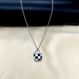 925 Sterling Silver Enameled Lock Design With CZ Outline Necklace Gift Black&White Checks