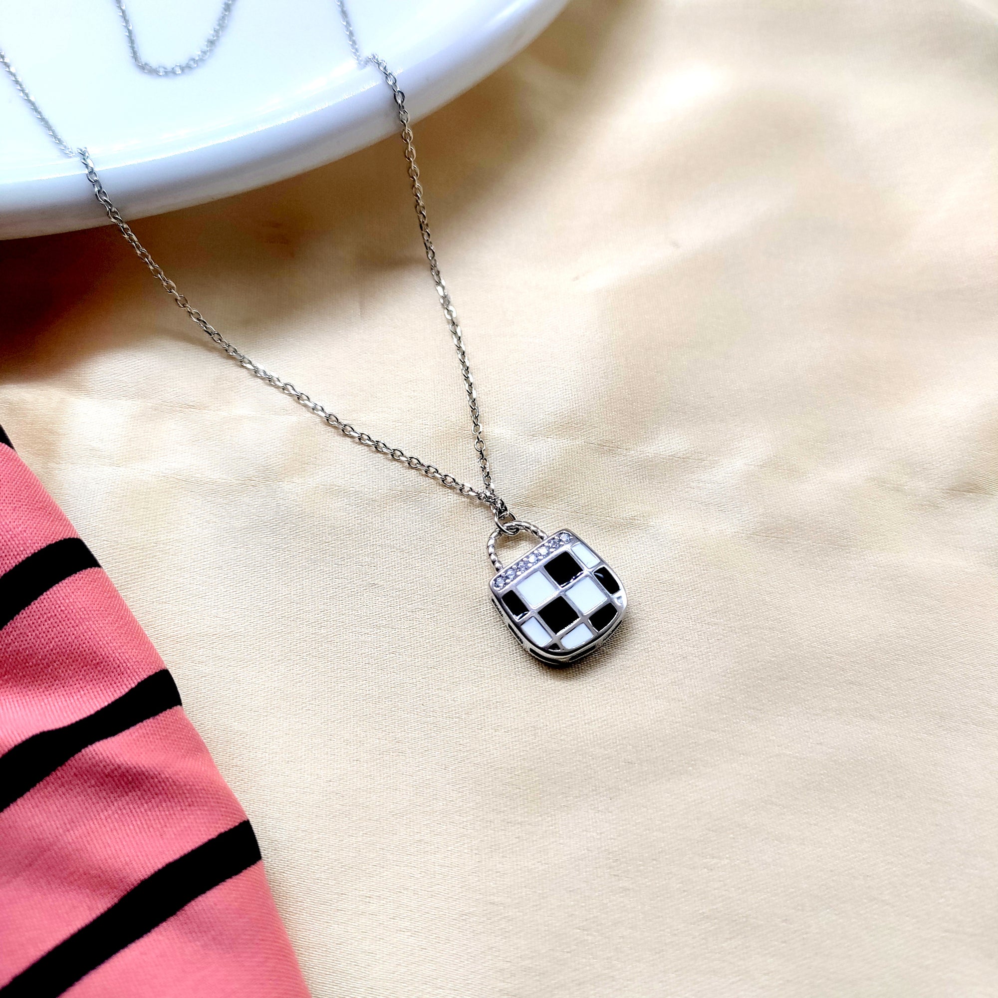 925 Sterling Silver Enameled Lock Design With CZ Outline Necklace Gift Black&White Checks