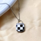 925 Sterling Silver Enameled Lock Design With CZ Outline Necklace Gift Black&White Checks