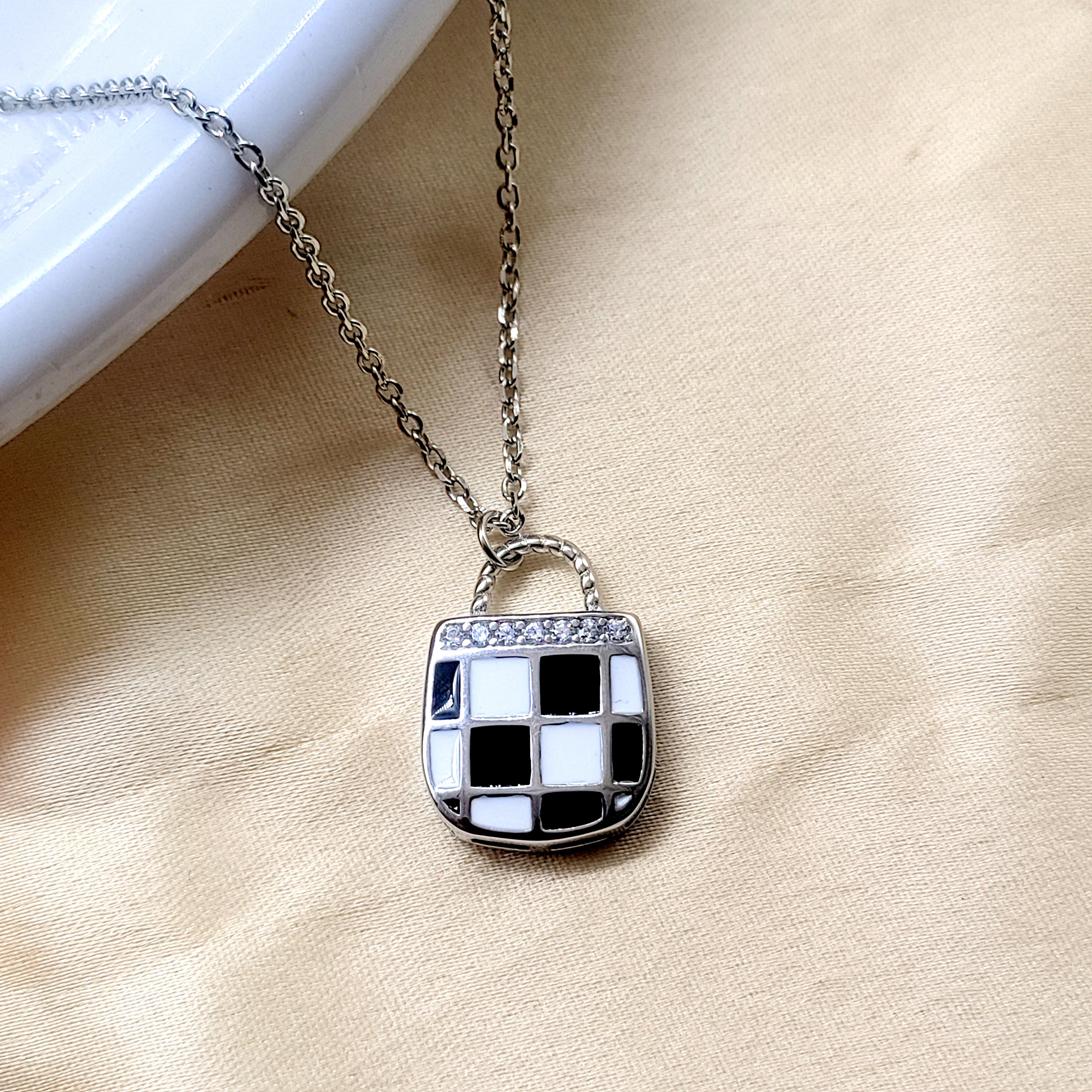 925 Sterling Silver Enameled Lock Design With CZ Outline Necklace Gift Black&White Checks
