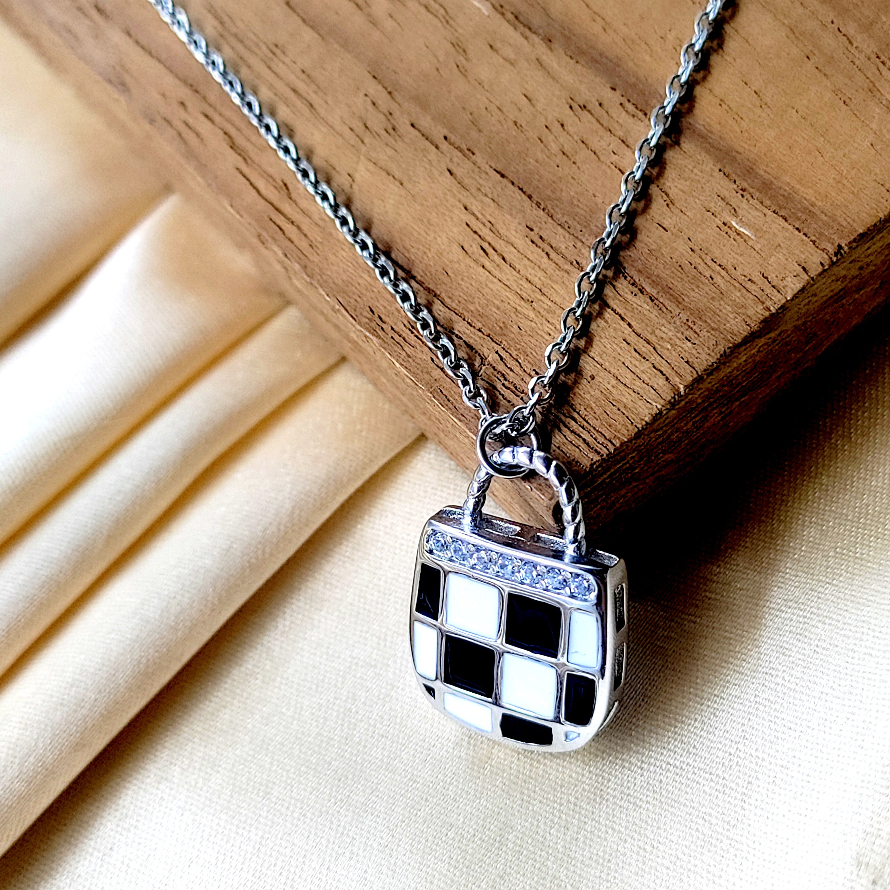 925 Sterling Silver Enameled Lock Design With CZ Outline Necklace Gift Black&White Checks