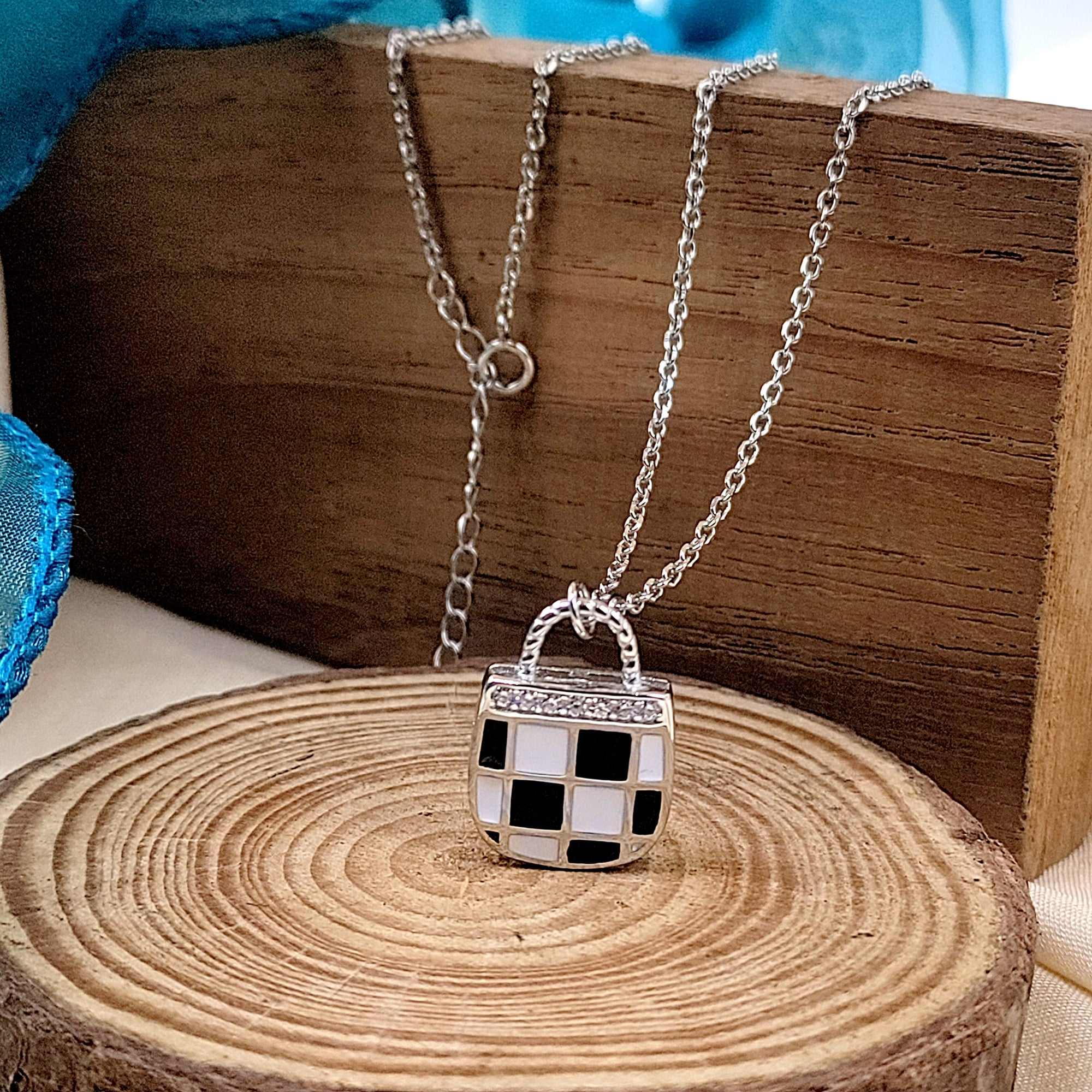 925 Sterling Silver Enameled Lock Design With CZ Outline Necklace Gift Black&White Checks