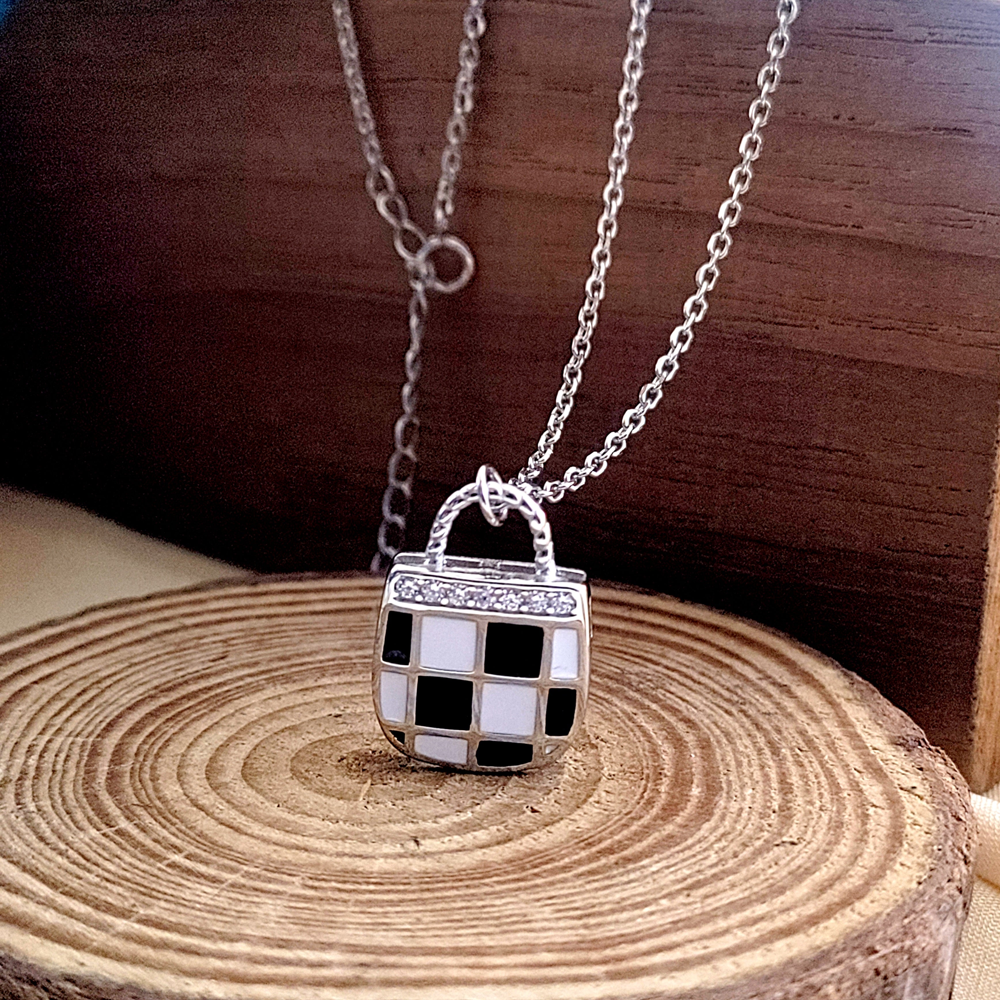 925 Sterling Silver Enameled Lock Design With CZ Outline Necklace Gift Black&White Checks