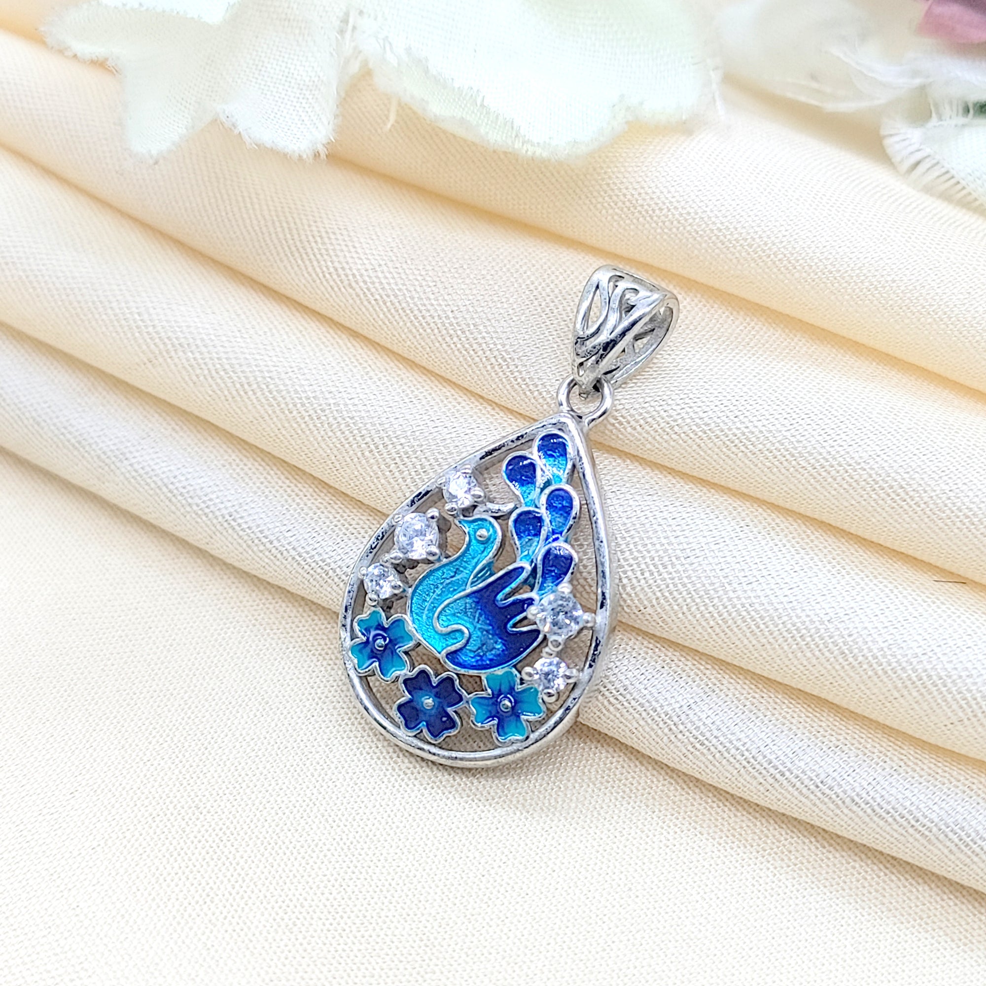 Peacock 925 Sterling Silver Pendant Pear Enamel and CZ Pendant Handmade Jewellery