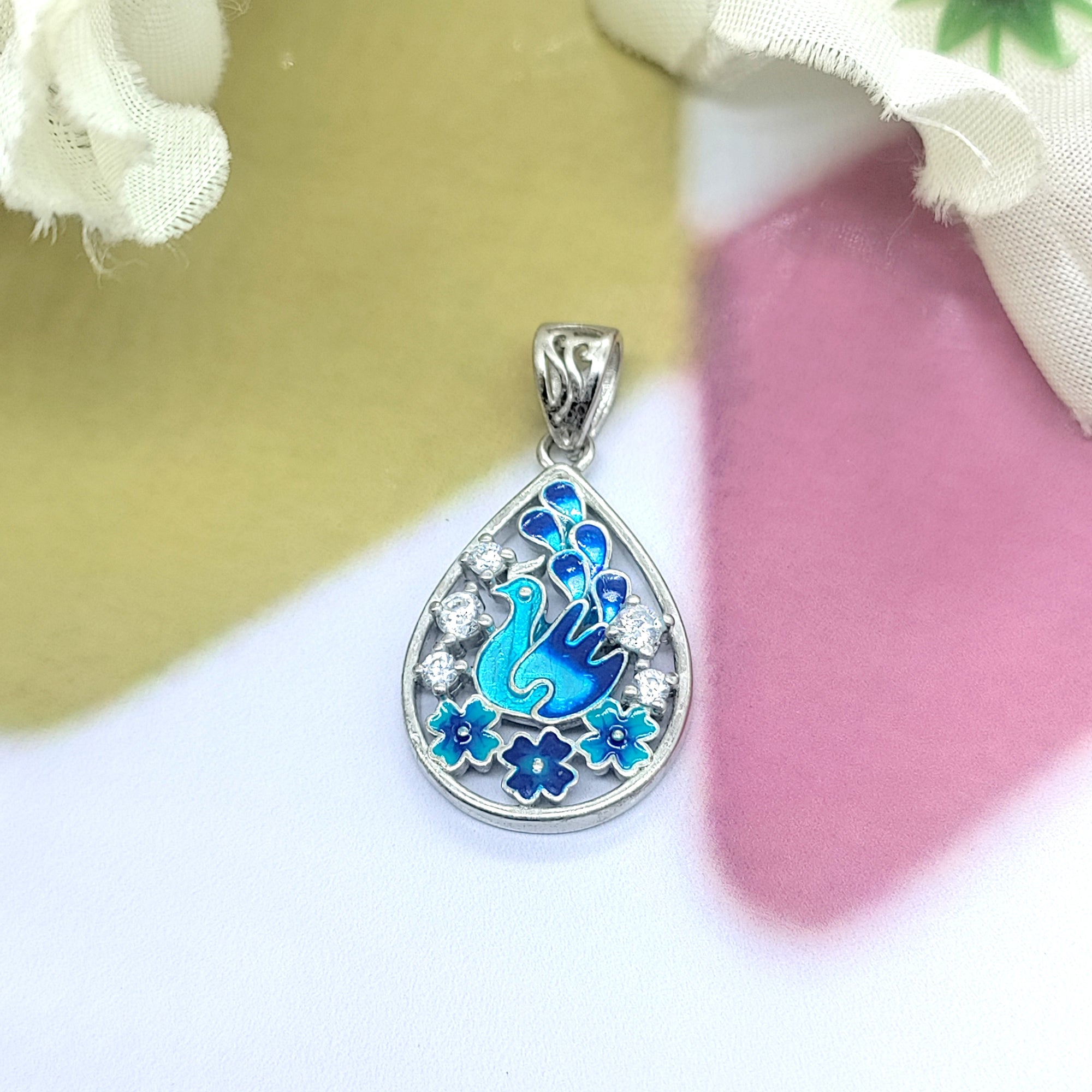 Peacock 925 Sterling Silver Pendant Pear Enamel and CZ Pendant Handmade Jewellery