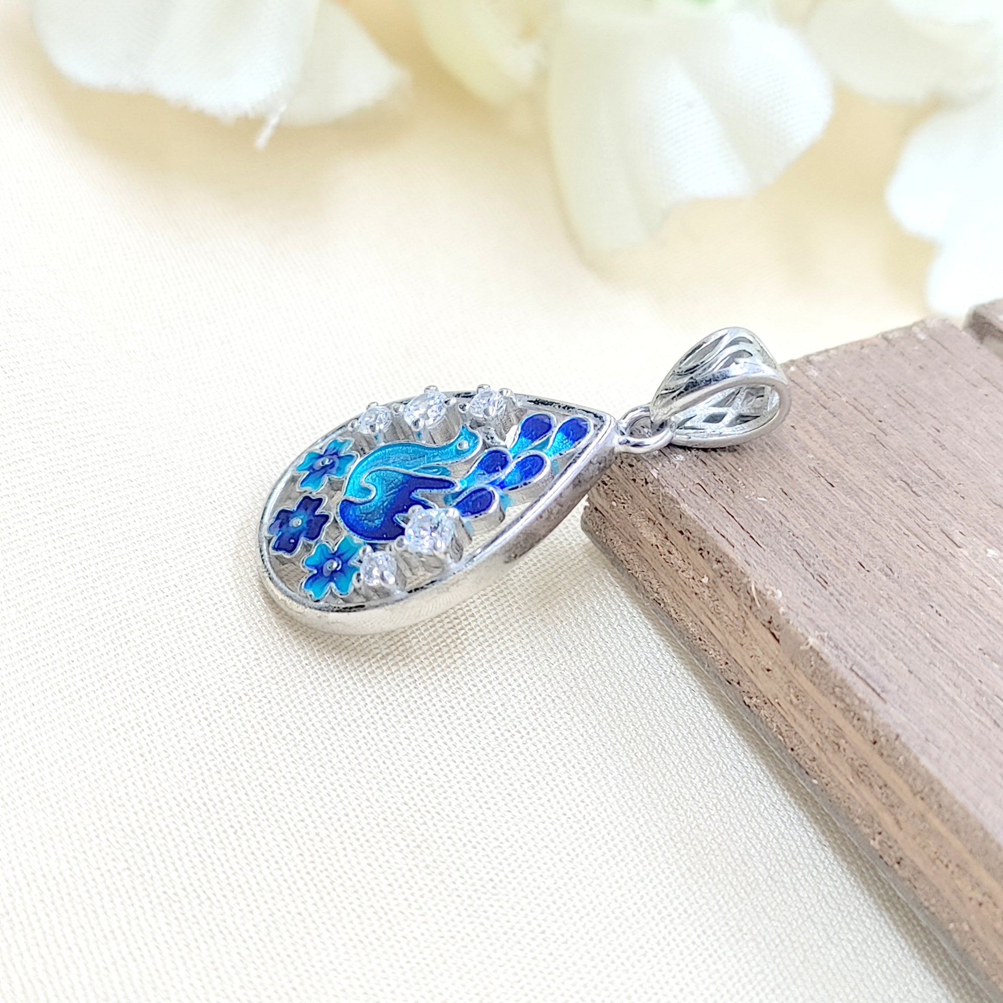 Peacock 925 Sterling Silver Pendant Pear Enamel and CZ Pendant Handmade Jewellery
