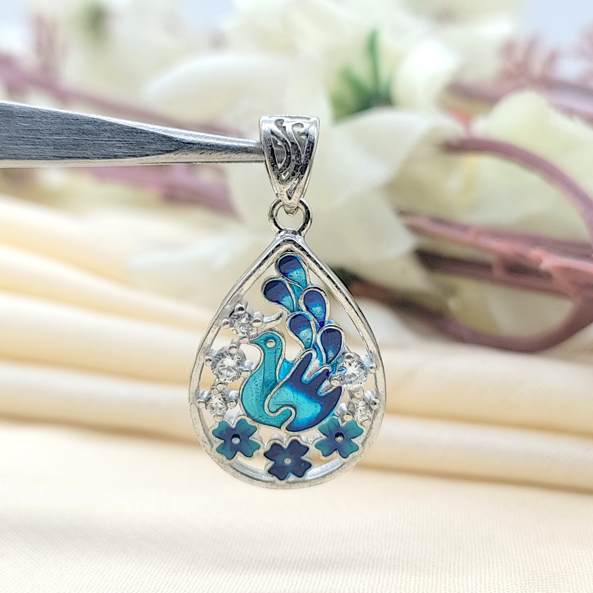 Peacock 925 Sterling Silver Pendant Pear Enamel and CZ Pendant Handmade Jewellery