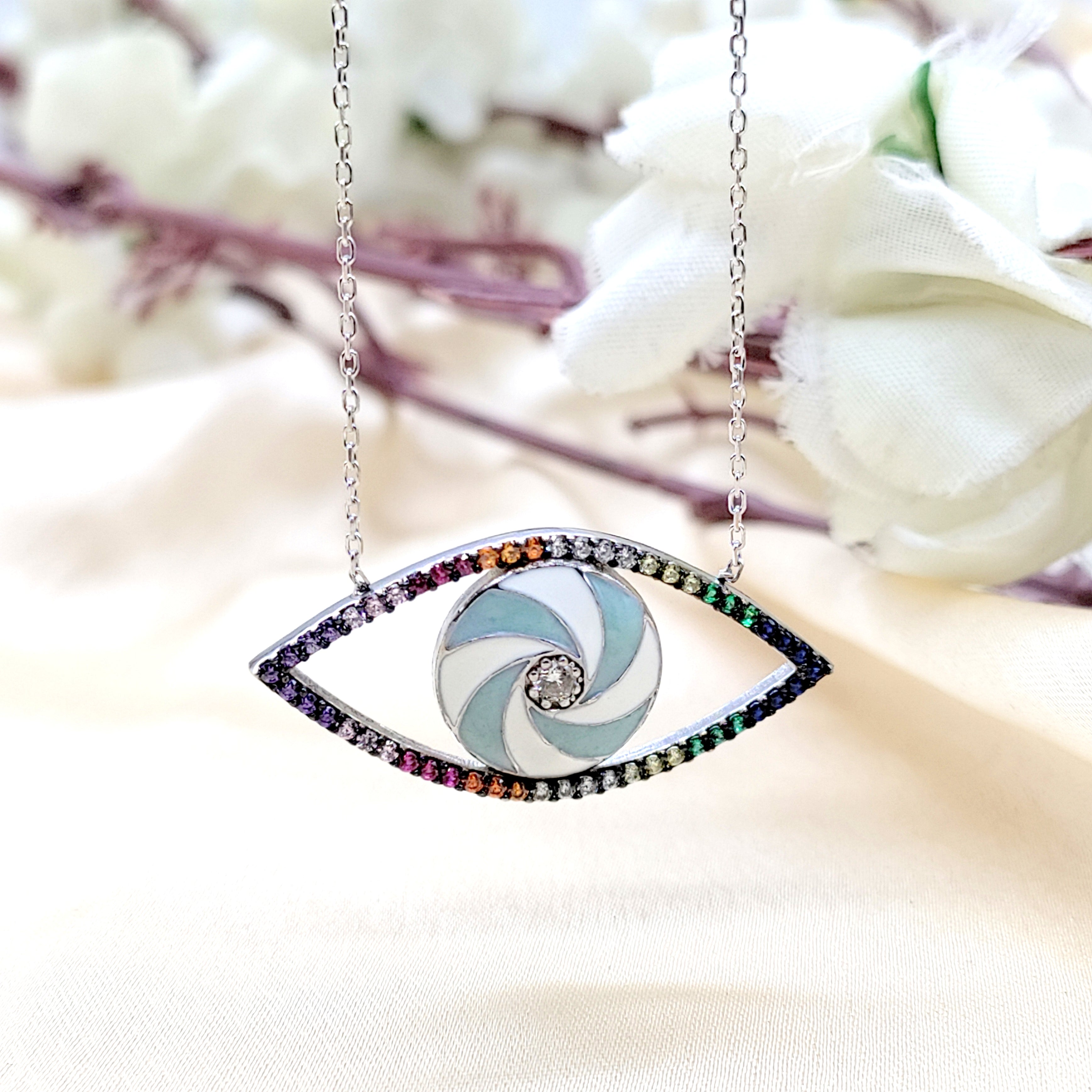 925 Sterling Silver Multicolor Cubic Zirconia Evil Eye Pendant Chain Silver for Women Minimalist Handmade Protective Gift