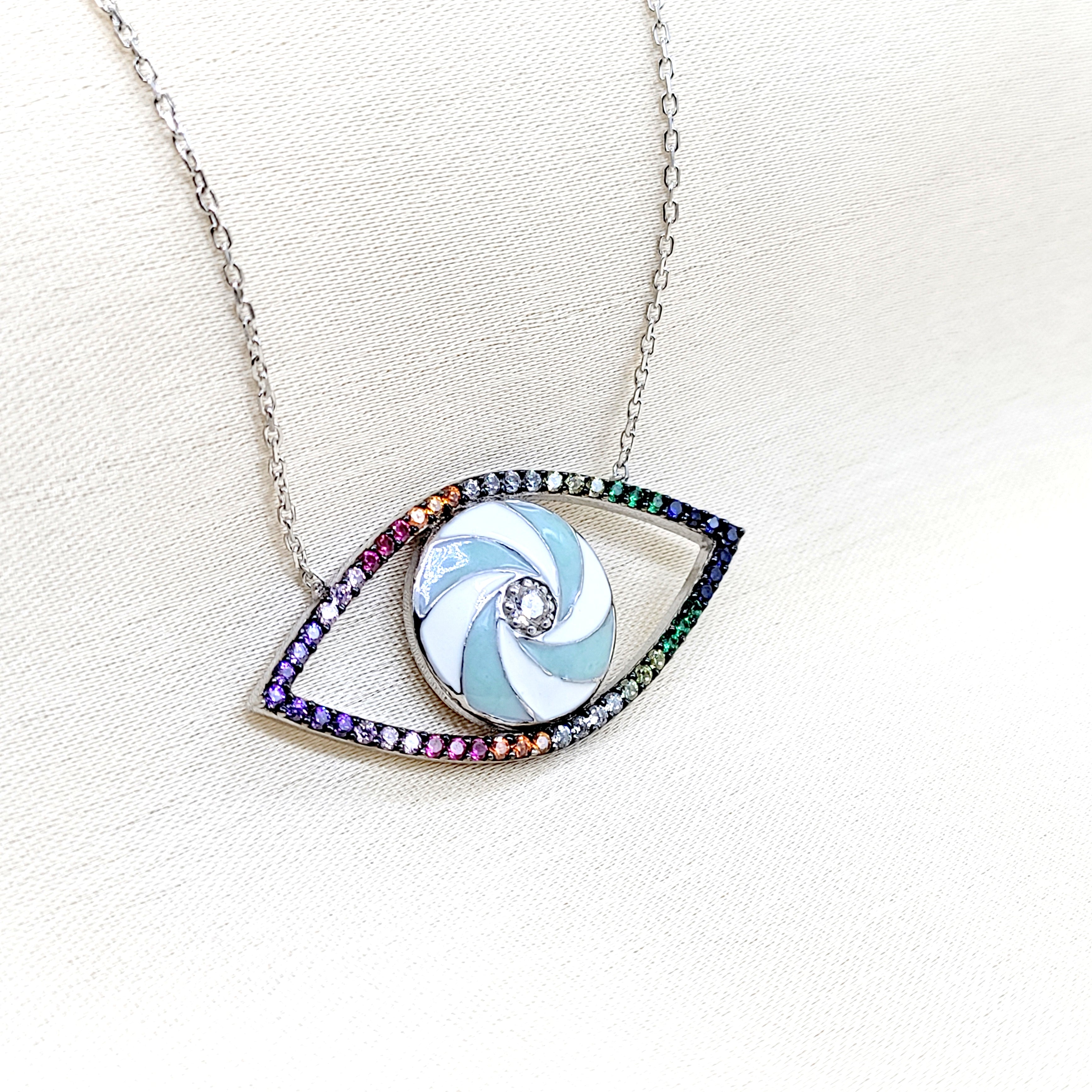 925 Sterling Silver Multicolor Cubic Zirconia Evil Eye Pendant Chain Silver for Women Minimalist Handmade Protective Gift