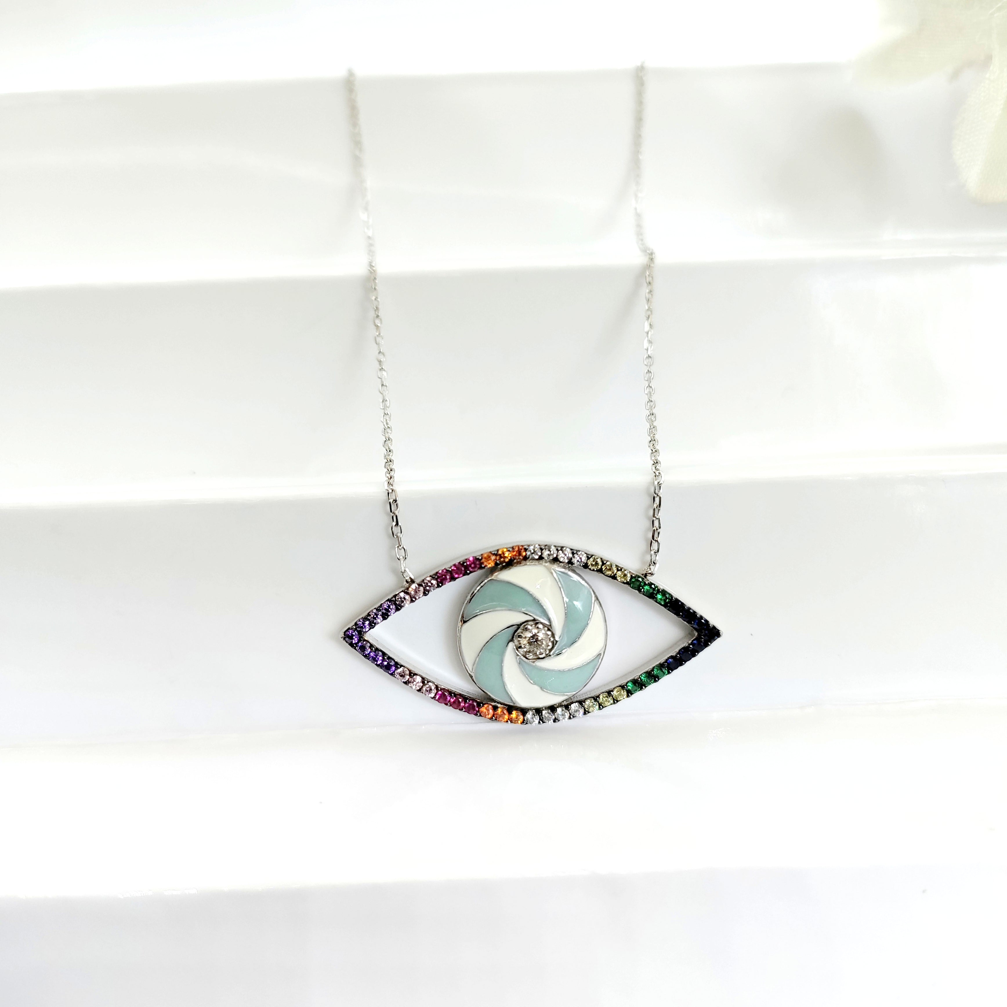 925 Sterling Silver Multicolor Cubic Zirconia Evil Eye Pendant Chain Silver for Women Minimalist Handmade Protective Gift