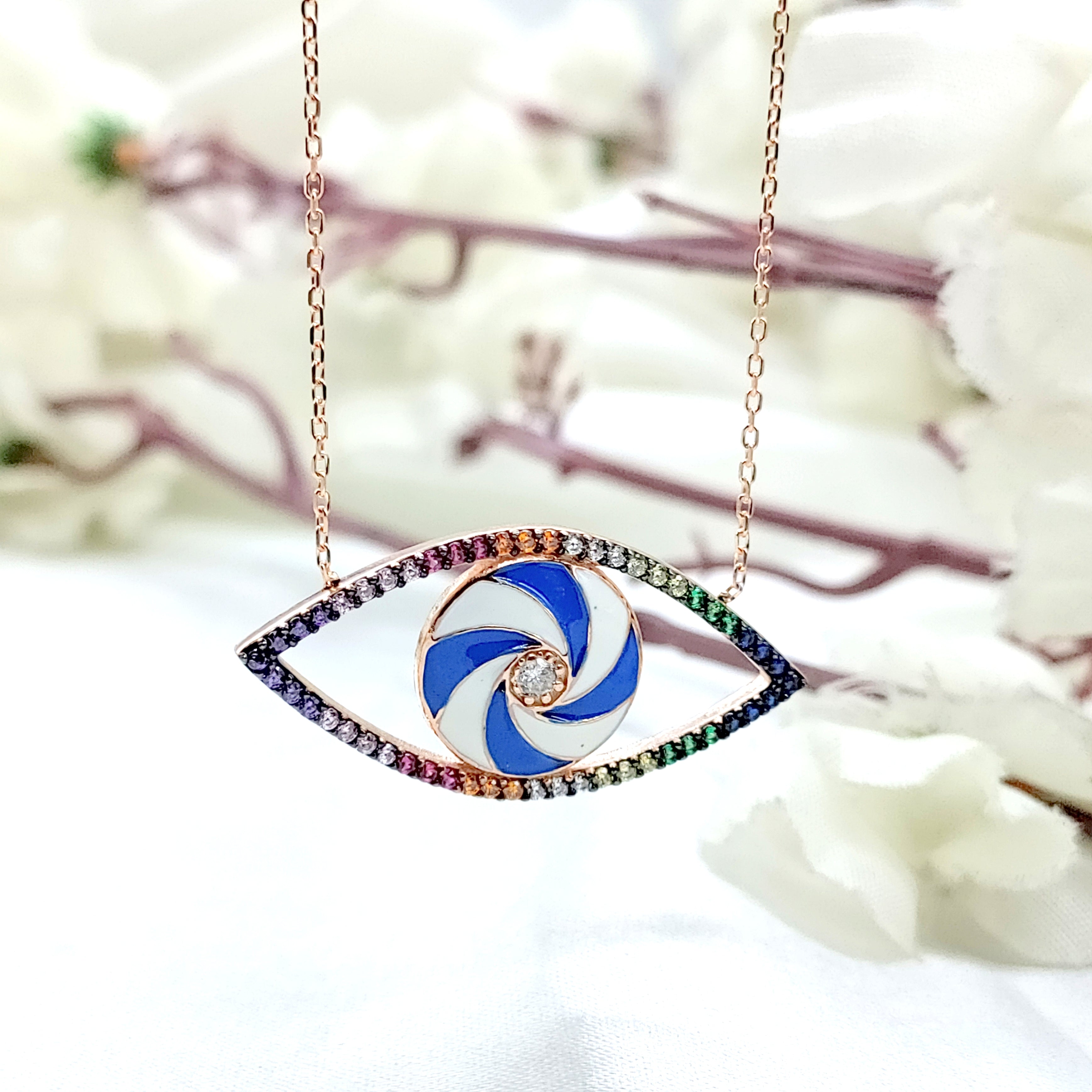 925 Sterling Silver Multicolor Cubic Zirconia Evil Eye Pendant Chain Silver for Women Minimalist Handmade Protective Gift