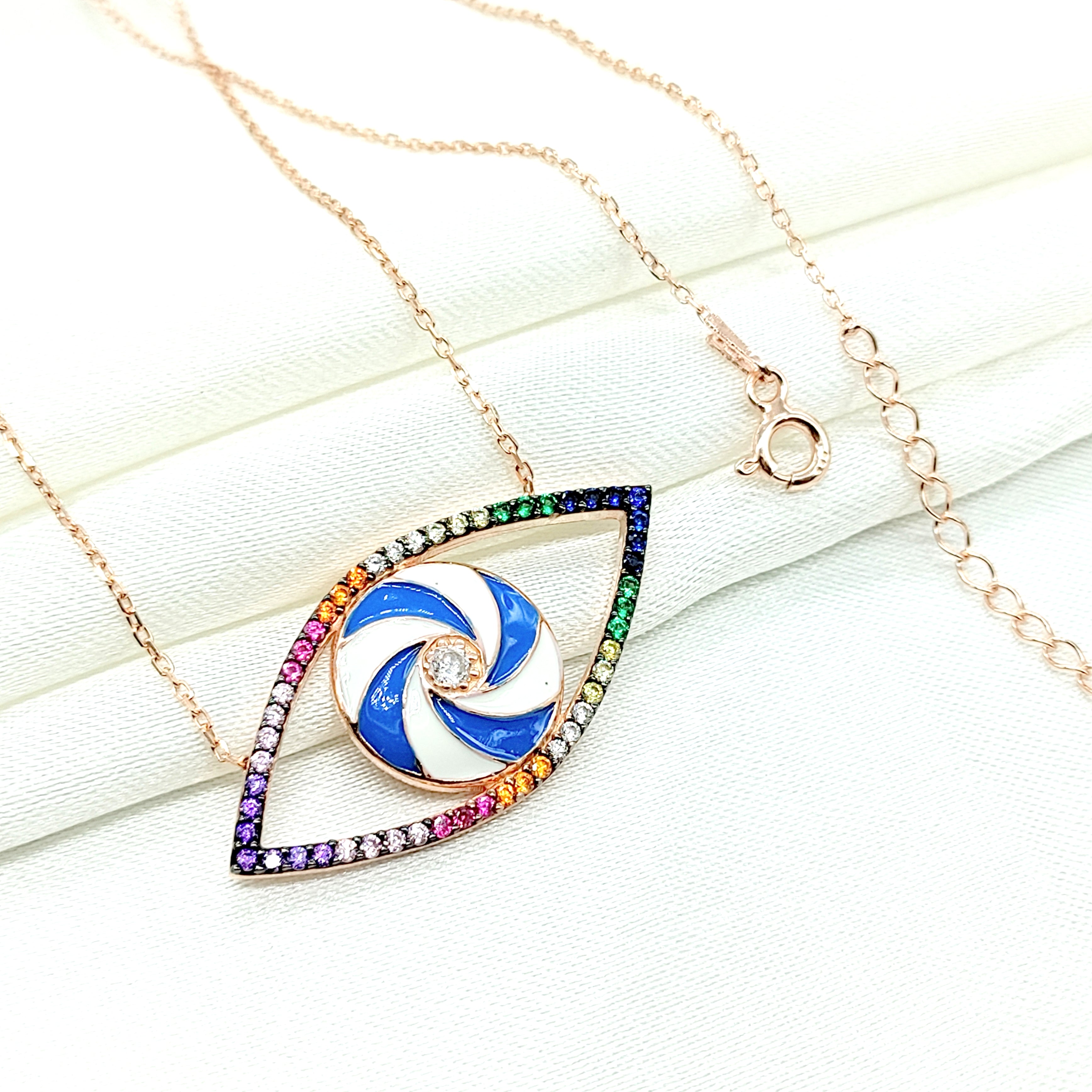 925 Sterling Silver Multicolor Cubic Zirconia Evil Eye Pendant Chain Silver for Women Minimalist Handmade Protective Gift