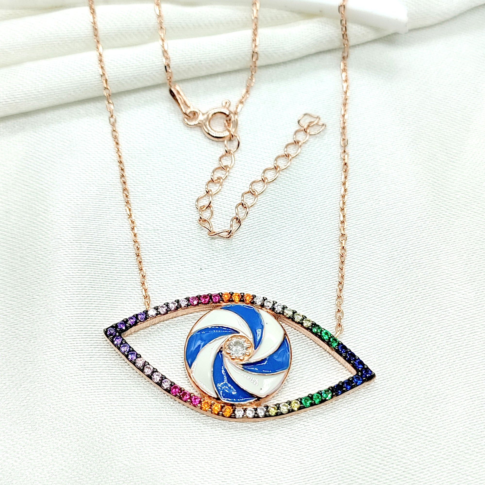 925 Sterling Silver Multicolor Cubic Zirconia Evil Eye Pendant Chain Silver for Women Minimalist Handmade Protective Gift