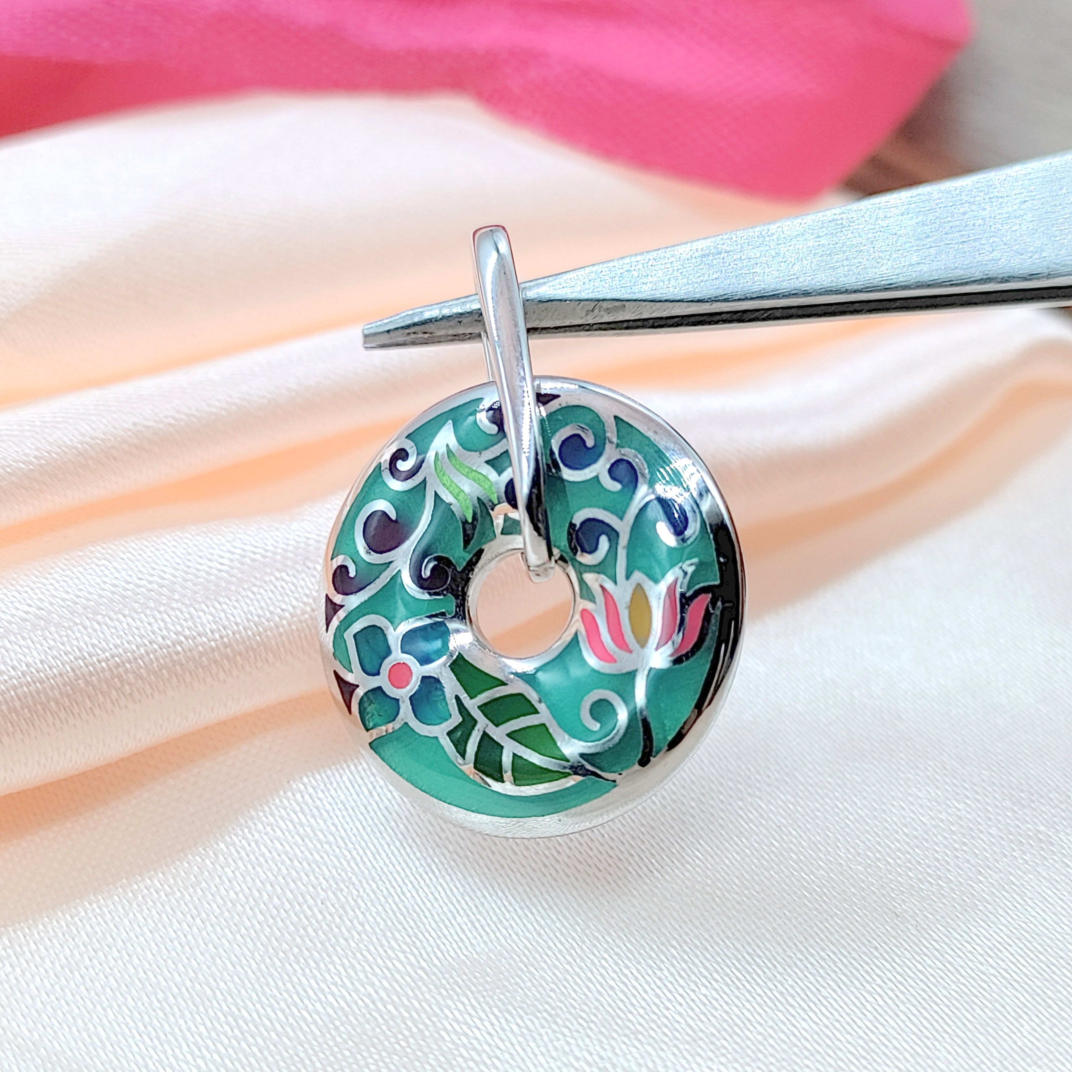 Enamel Pendant 925 Sterling Silver Beautifull Handcrafted Floral Art