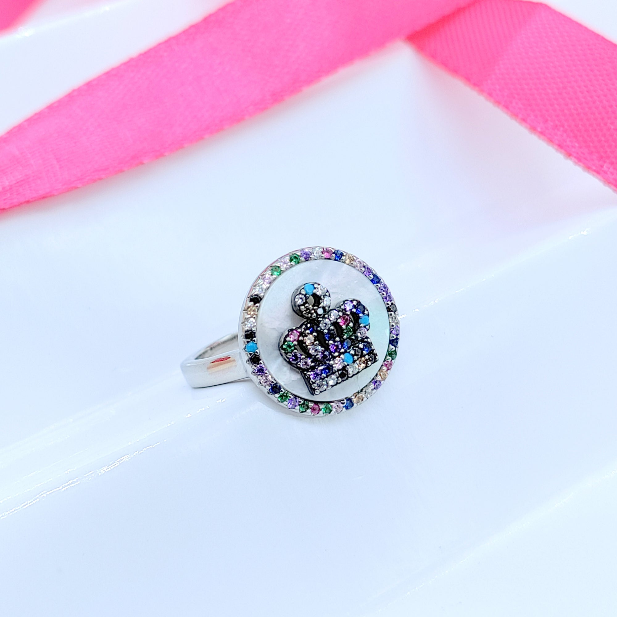 925 Silver Crown Ring Multicolor CZ Finger Ring With Stylish Design(Size 18)