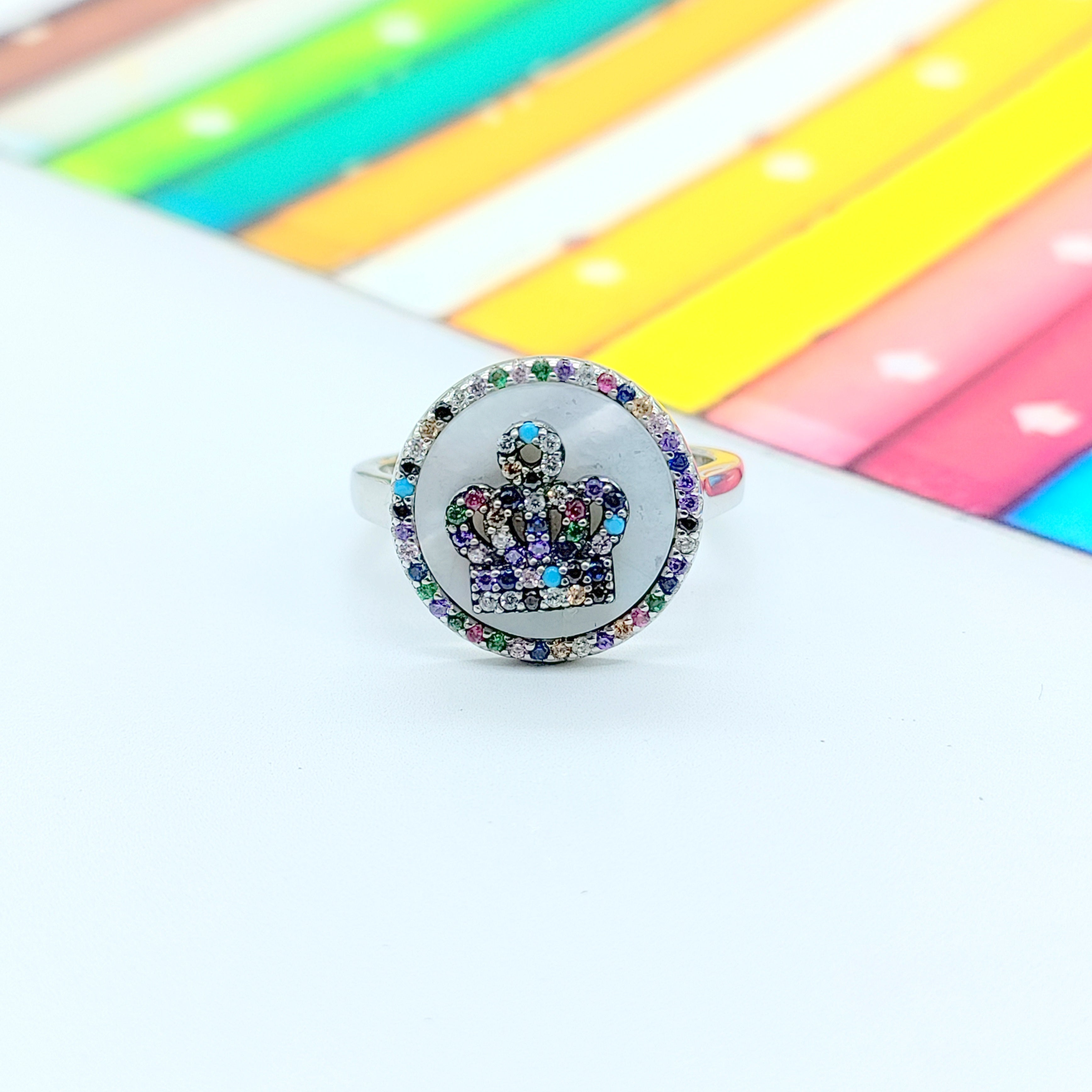 925 Silver Crown Ring Multicolor CZ Finger Ring With Stylish Design(Size 18)