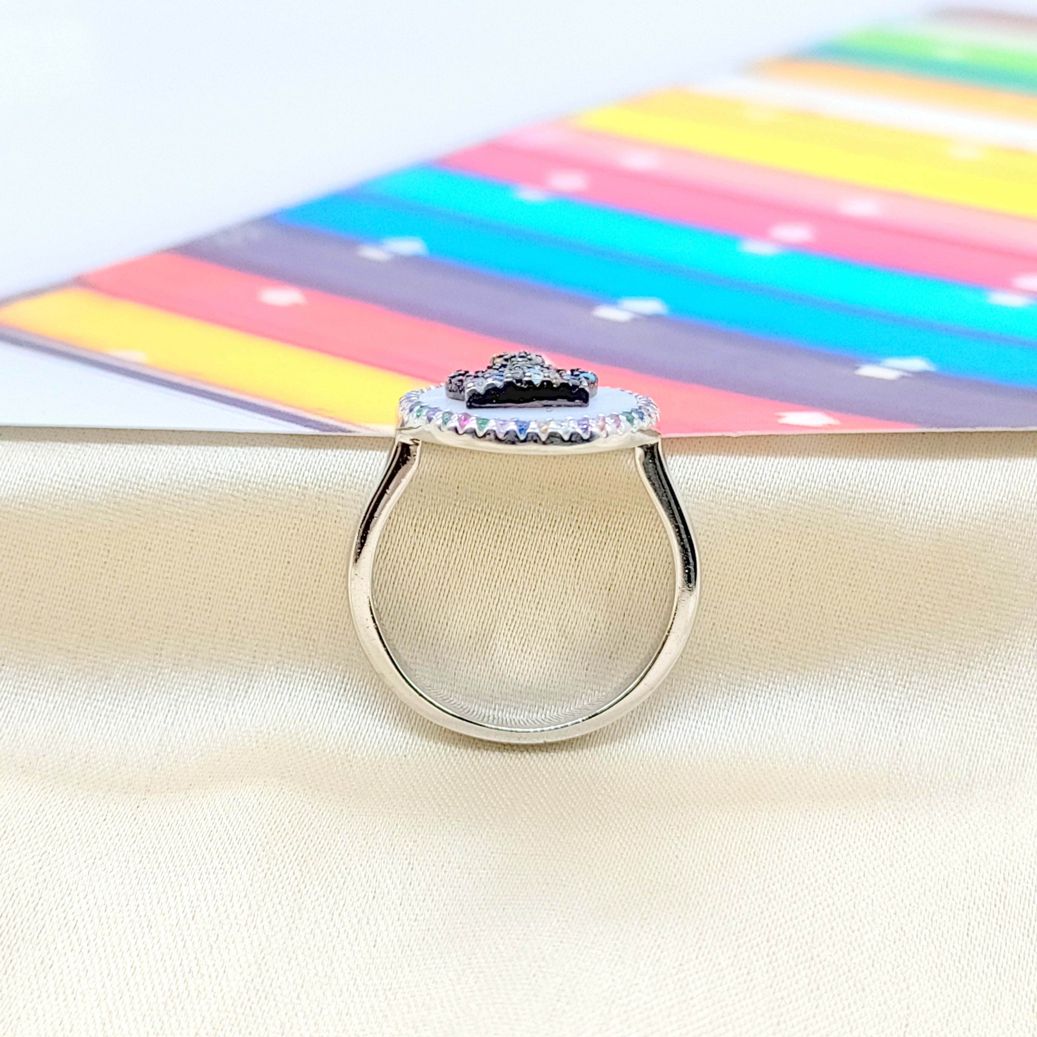 925 Silver Crown Ring Multicolor CZ Finger Ring With Stylish Design(Size 18)