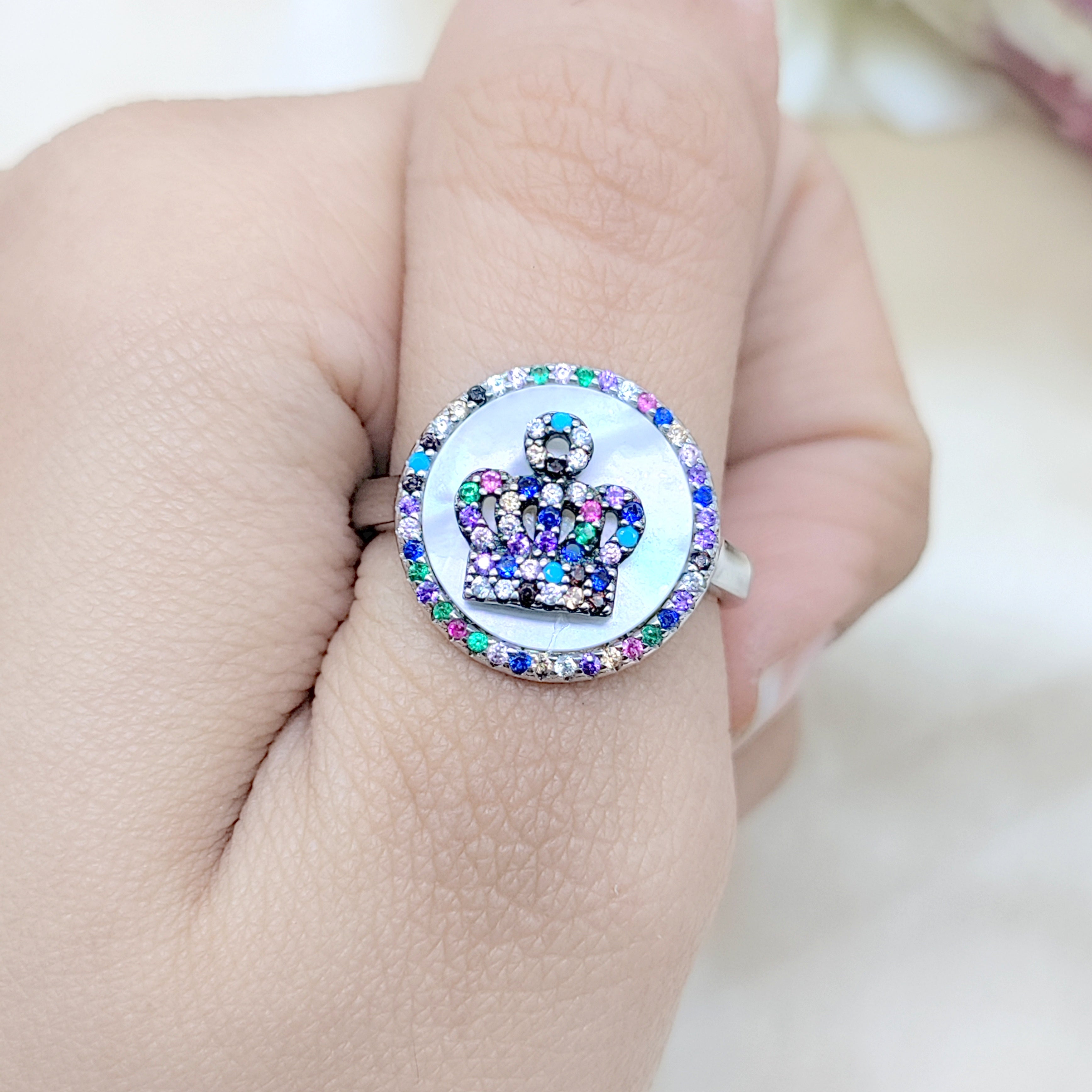 925 Silver Crown Ring Multicolor CZ Finger Ring With Stylish Design(Size 18)
